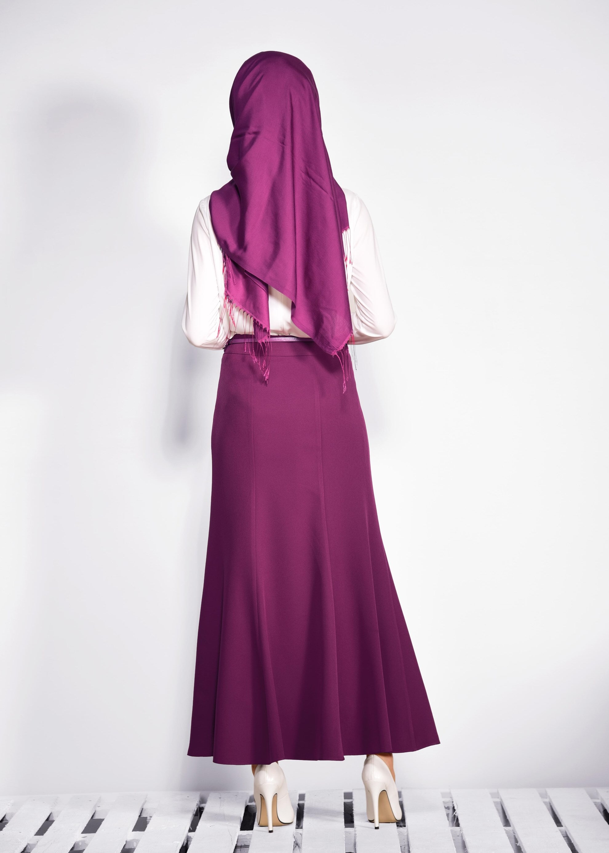 Tesettür giyim FUŞYA KEMER DETAYLI ETEK 6186