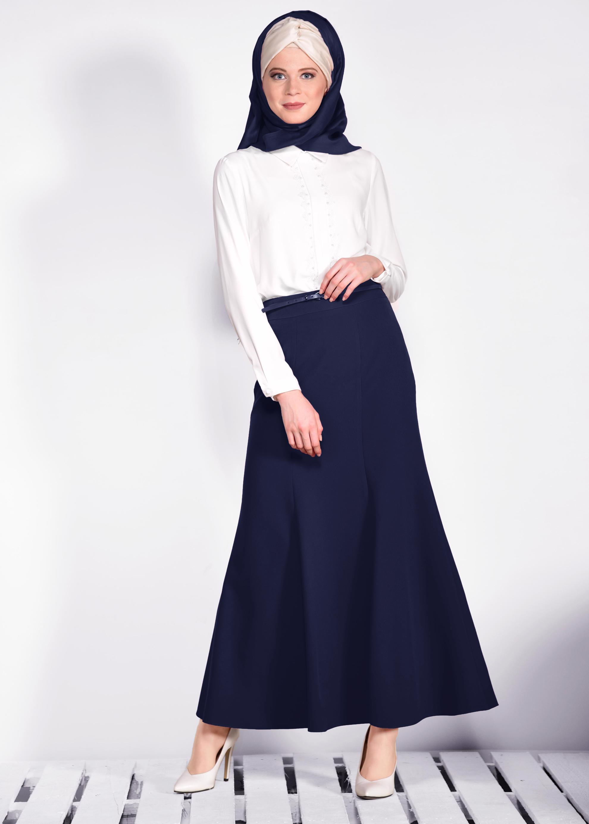 Tesettür giyim LACİVERT KEMER DETAYLI ETEK 6186