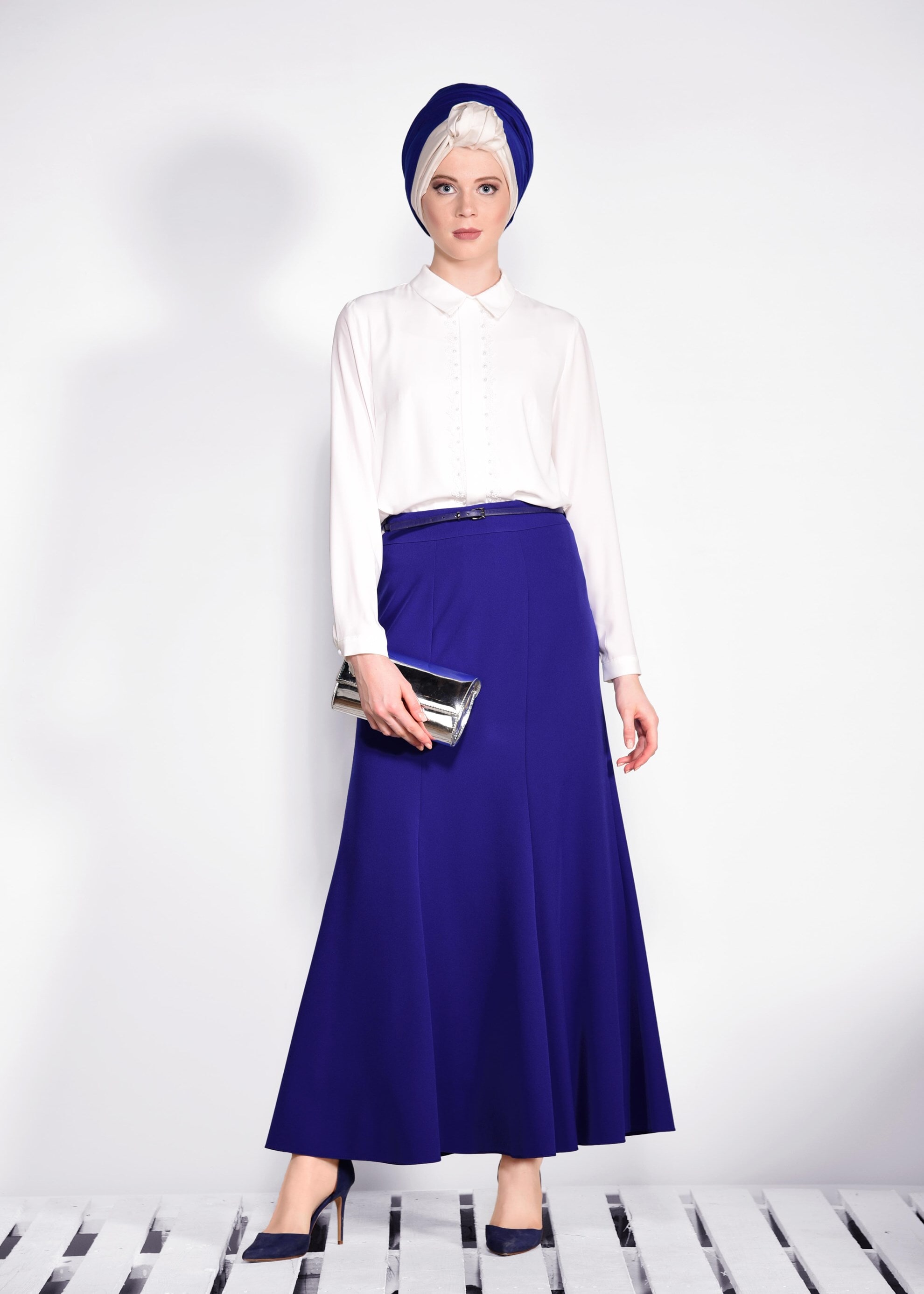 Tesettür giyim LACİVERT KEMER DETAYLI ETEK 6186