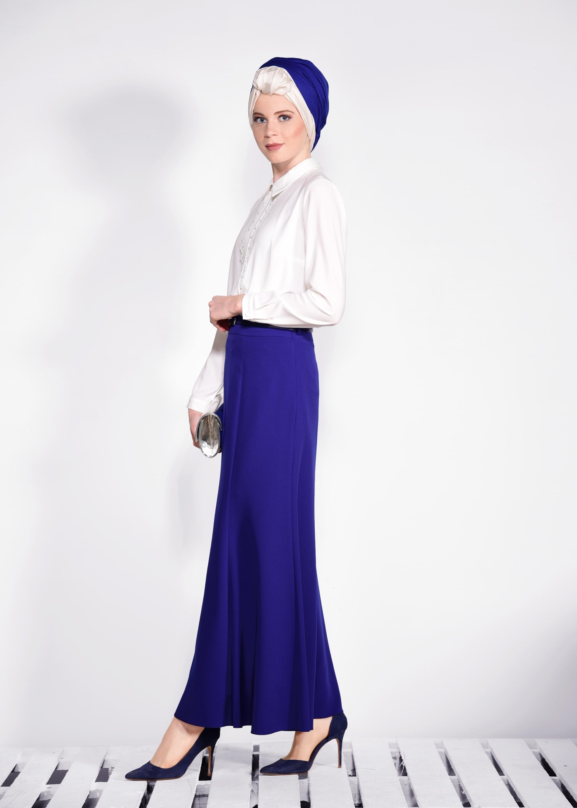 Tesettür giyim LACİVERT KEMER DETAYLI ETEK 6186