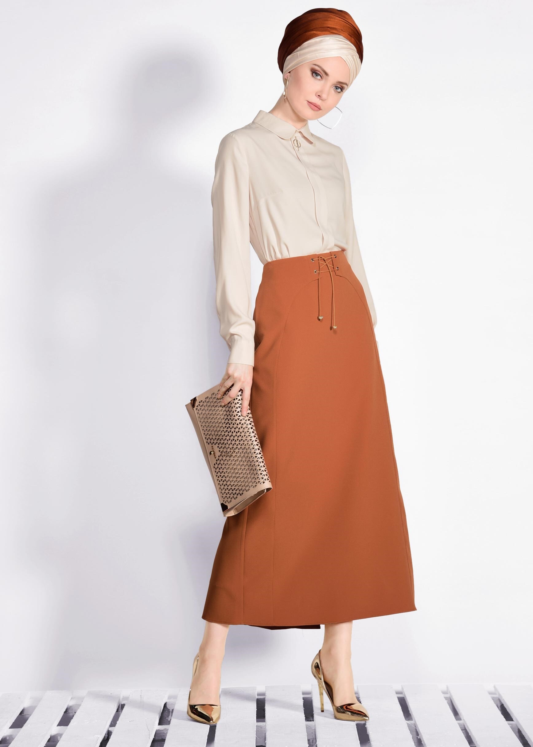 Tesettür giyim TURUNCU BAĞCIK DETAYLI GİZLİ YIRTMAÇLI ETEK 6188
