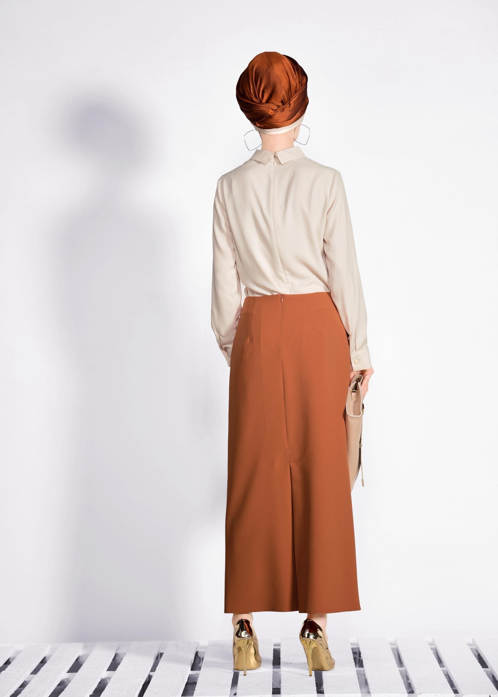 Tesettür giyim TURUNCU BAĞCIK DETAYLI GİZLİ YIRTMAÇLI ETEK 6188