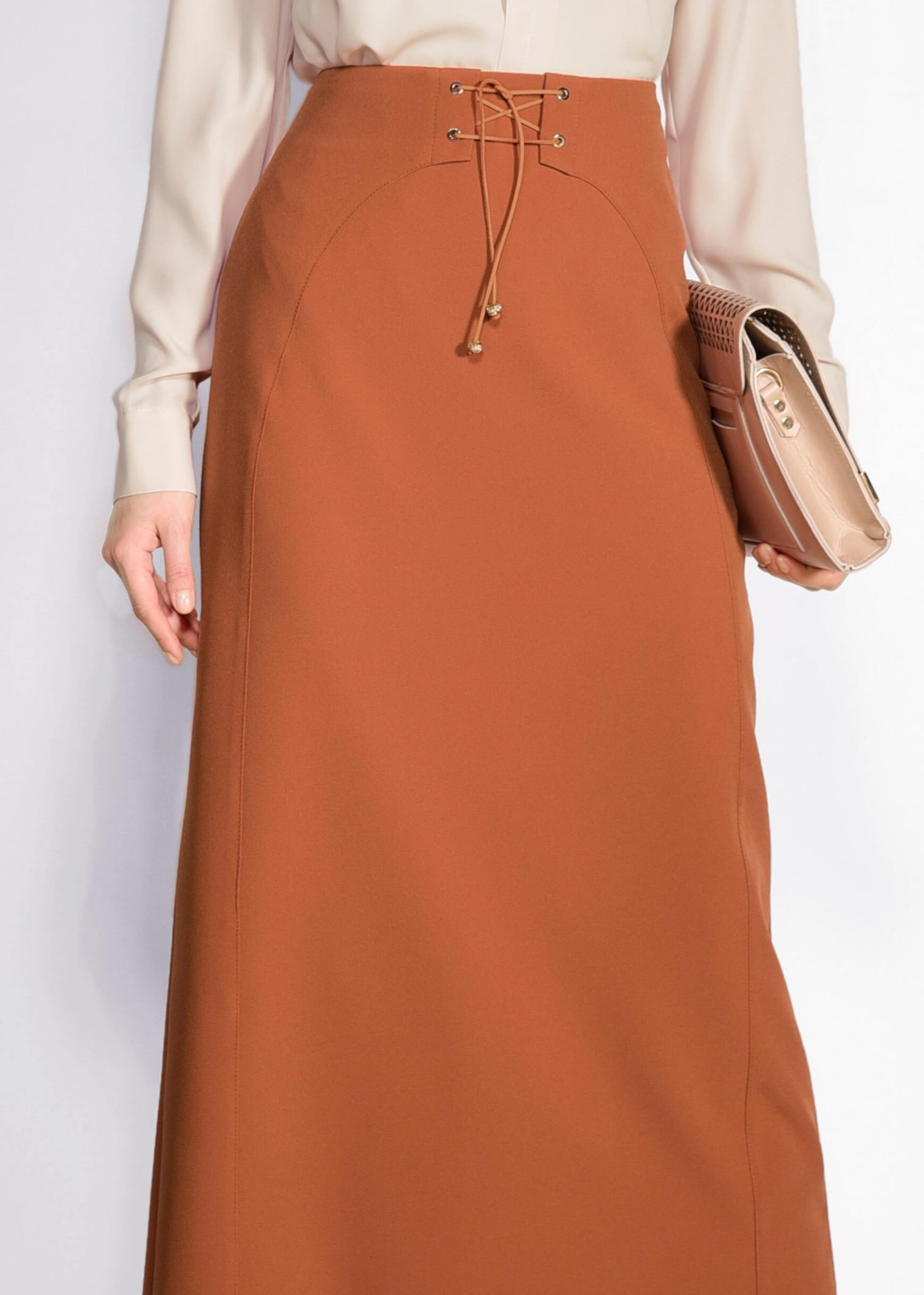 Tesettür giyim TURUNCU BAĞCIK DETAYLI GİZLİ YIRTMAÇLI ETEK 6188