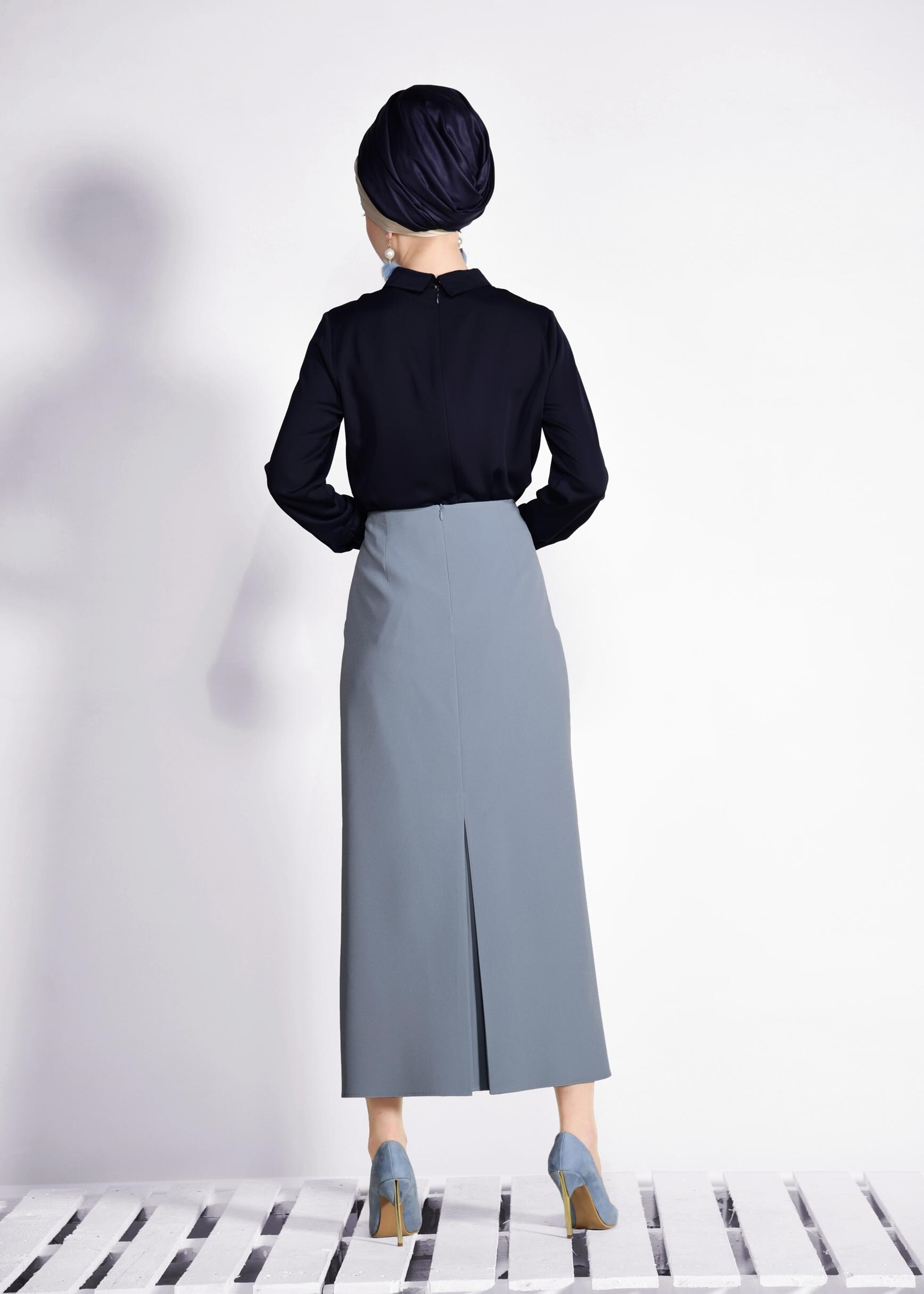 Tesettür giyim MAVİ BAĞCIK DETAYLI GİZLİ YIRTMAÇLI ETEK 6188