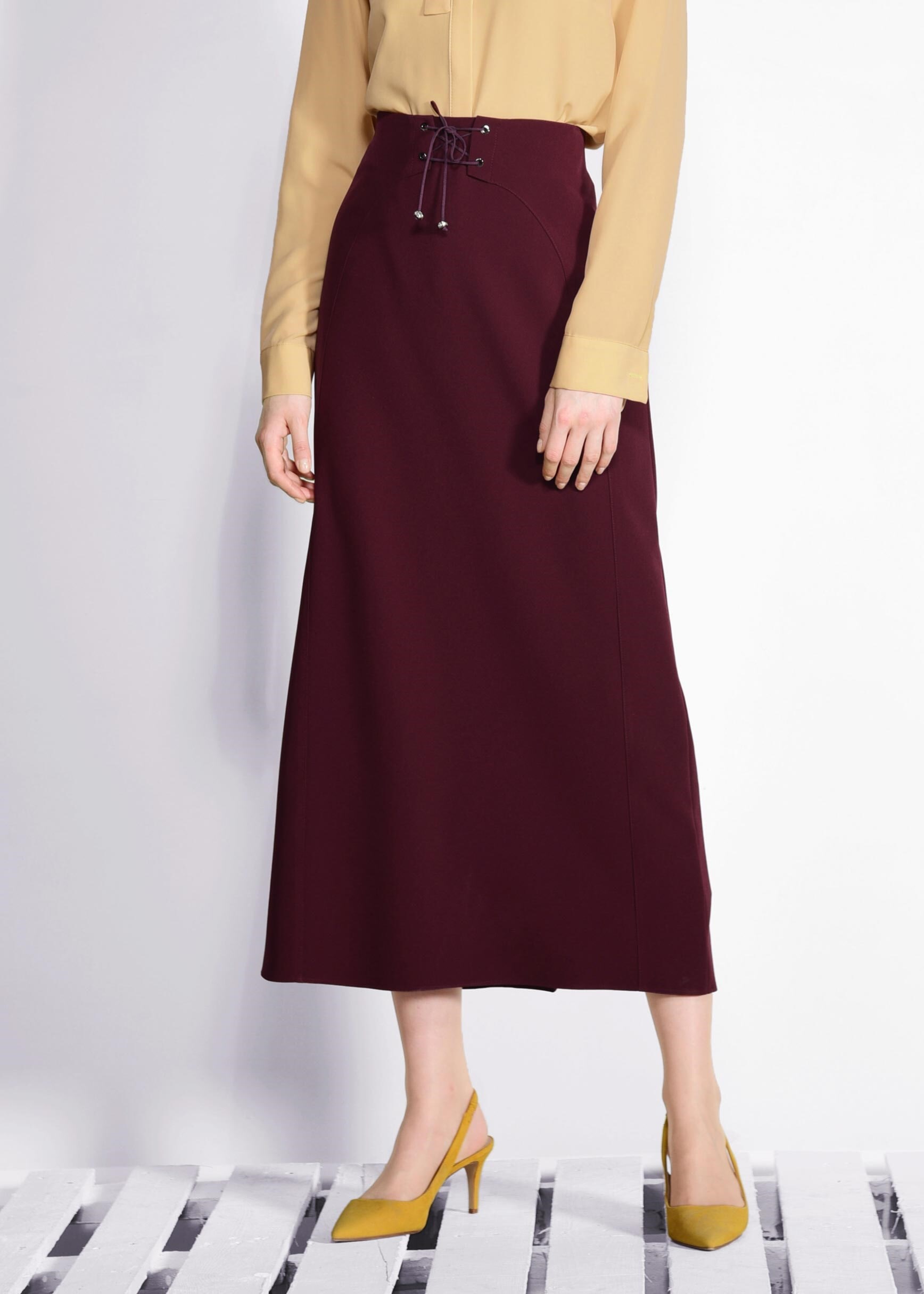 Tesettür giyim BORDO BAĞCIK DETAYLI GİZLİ YIRTMAÇLI ETEK 6188