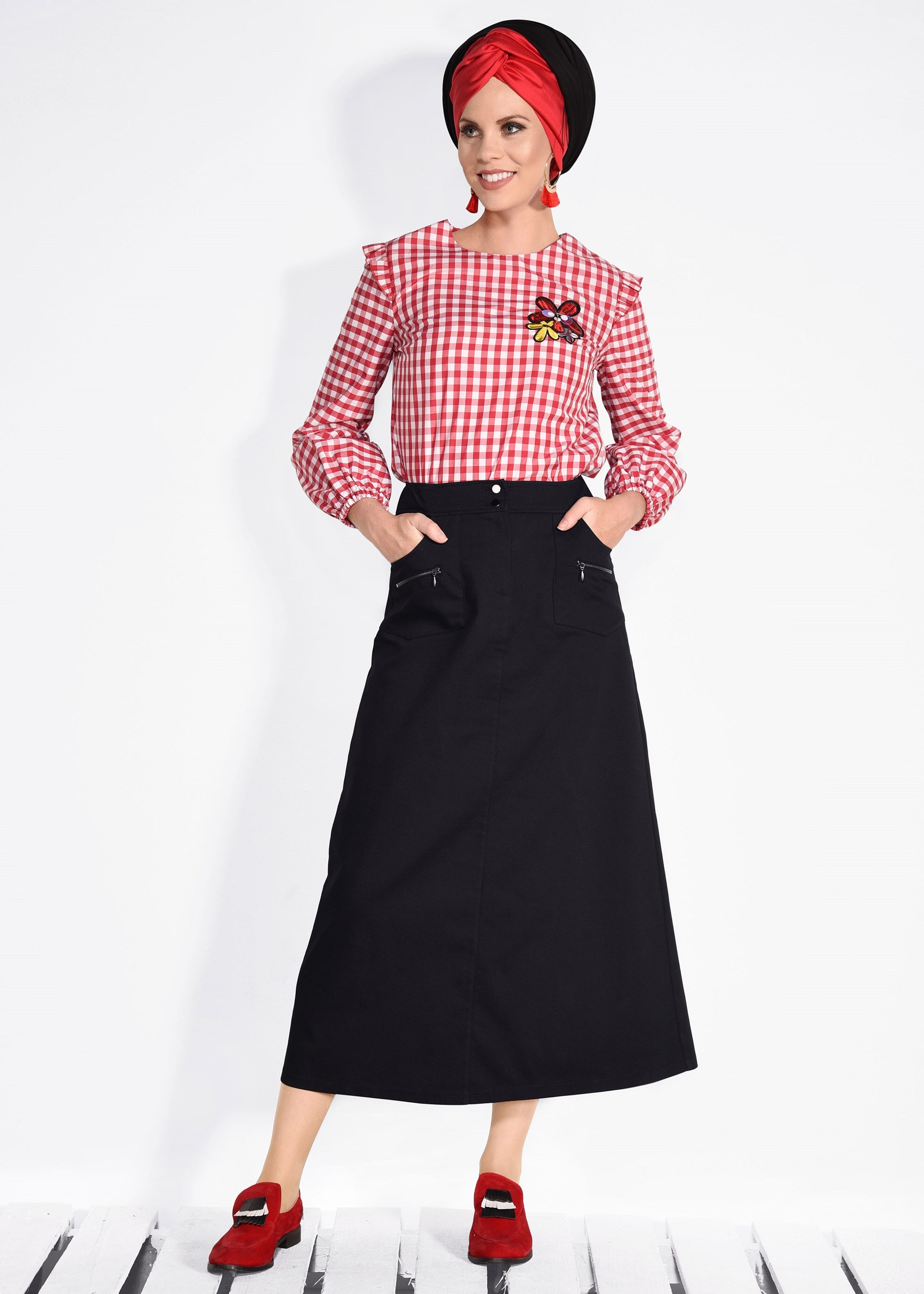 Tesettür giyim SİYAH FERMUAR DETAYLI CEPLİ ETEK 6190