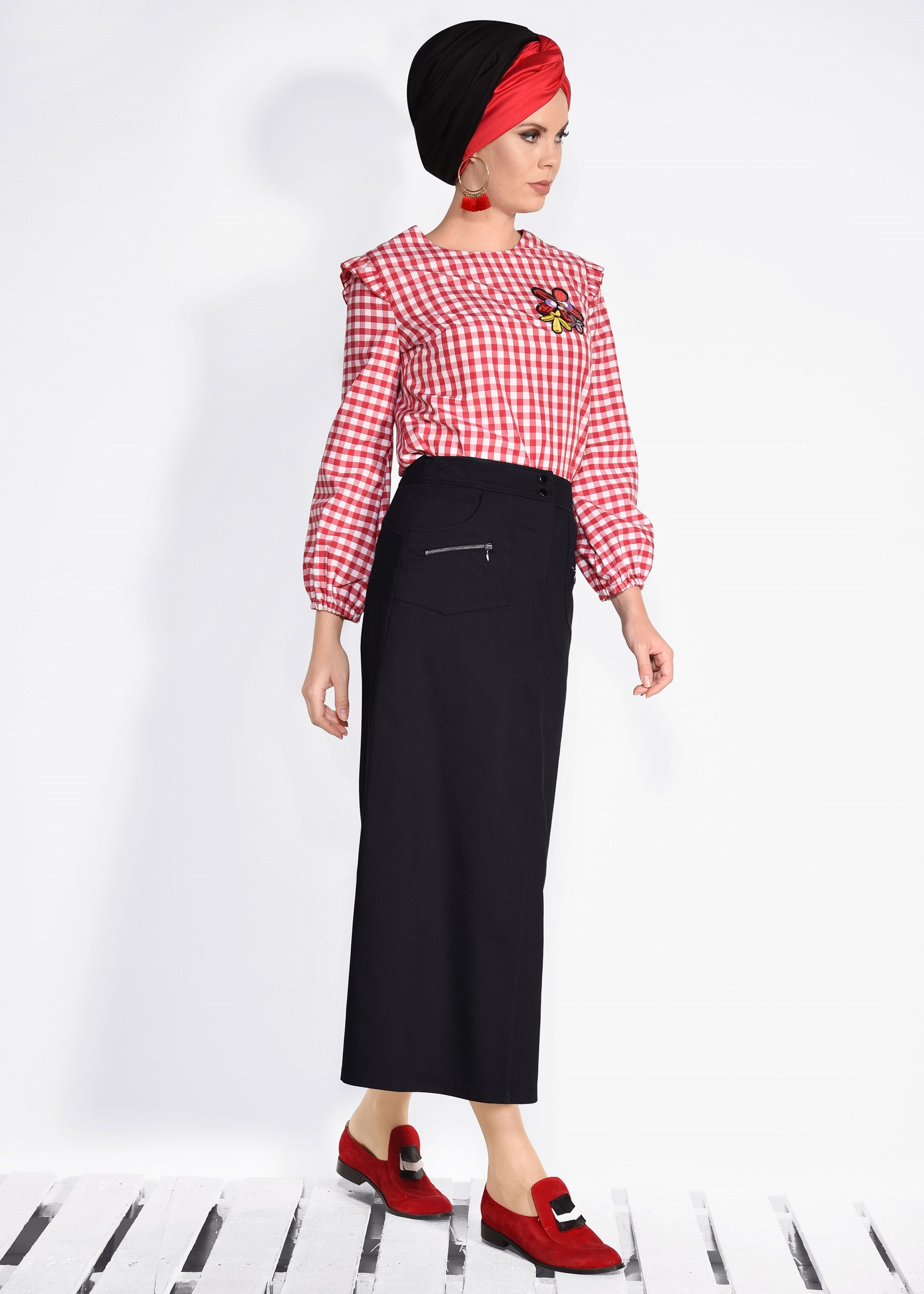 Tesettür giyim SİYAH FERMUAR DETAYLI CEPLİ ETEK 6190