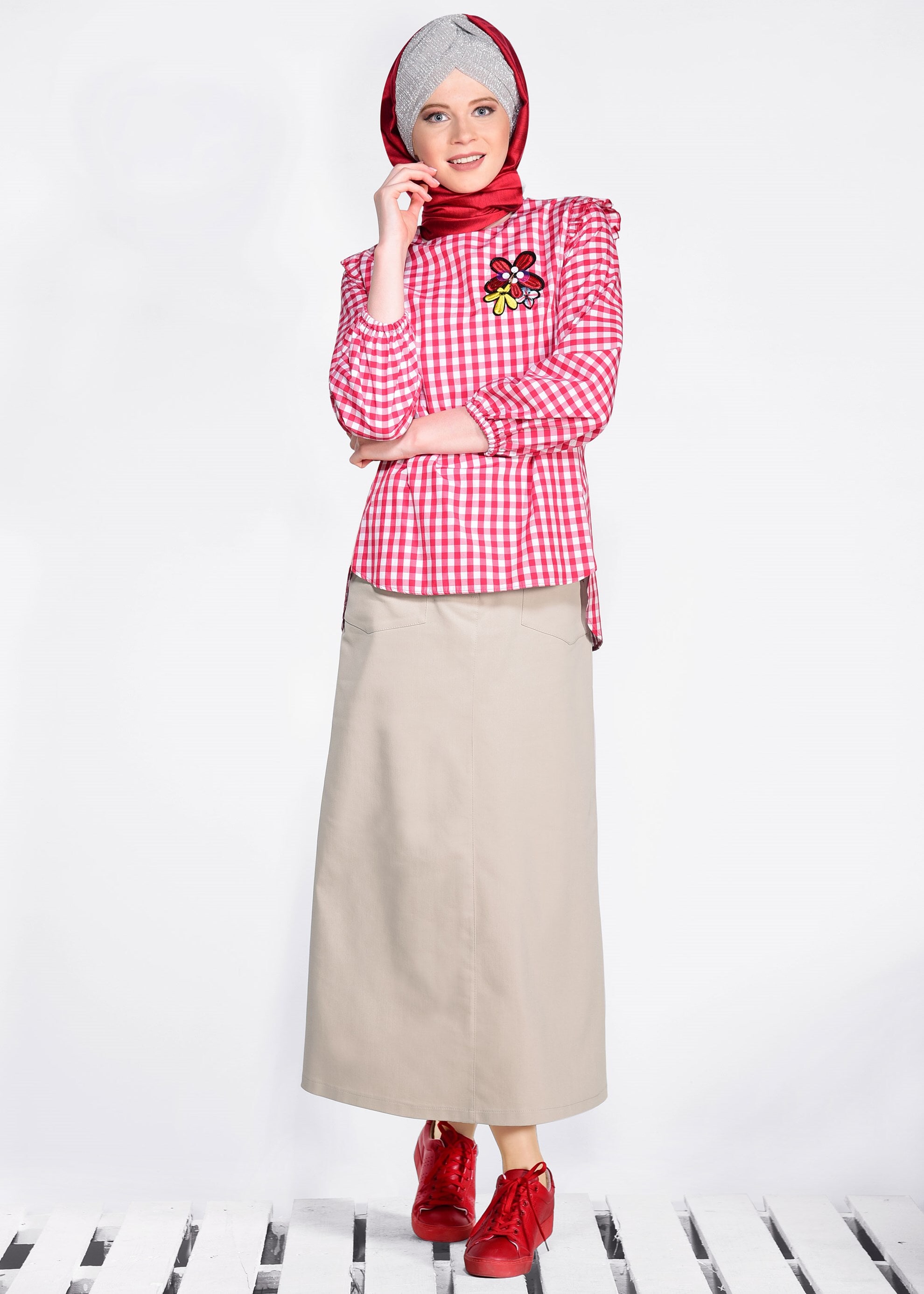 Tesettür giyim BEJ FERMUAR DETAYLI CEPLİ ETEK 6190