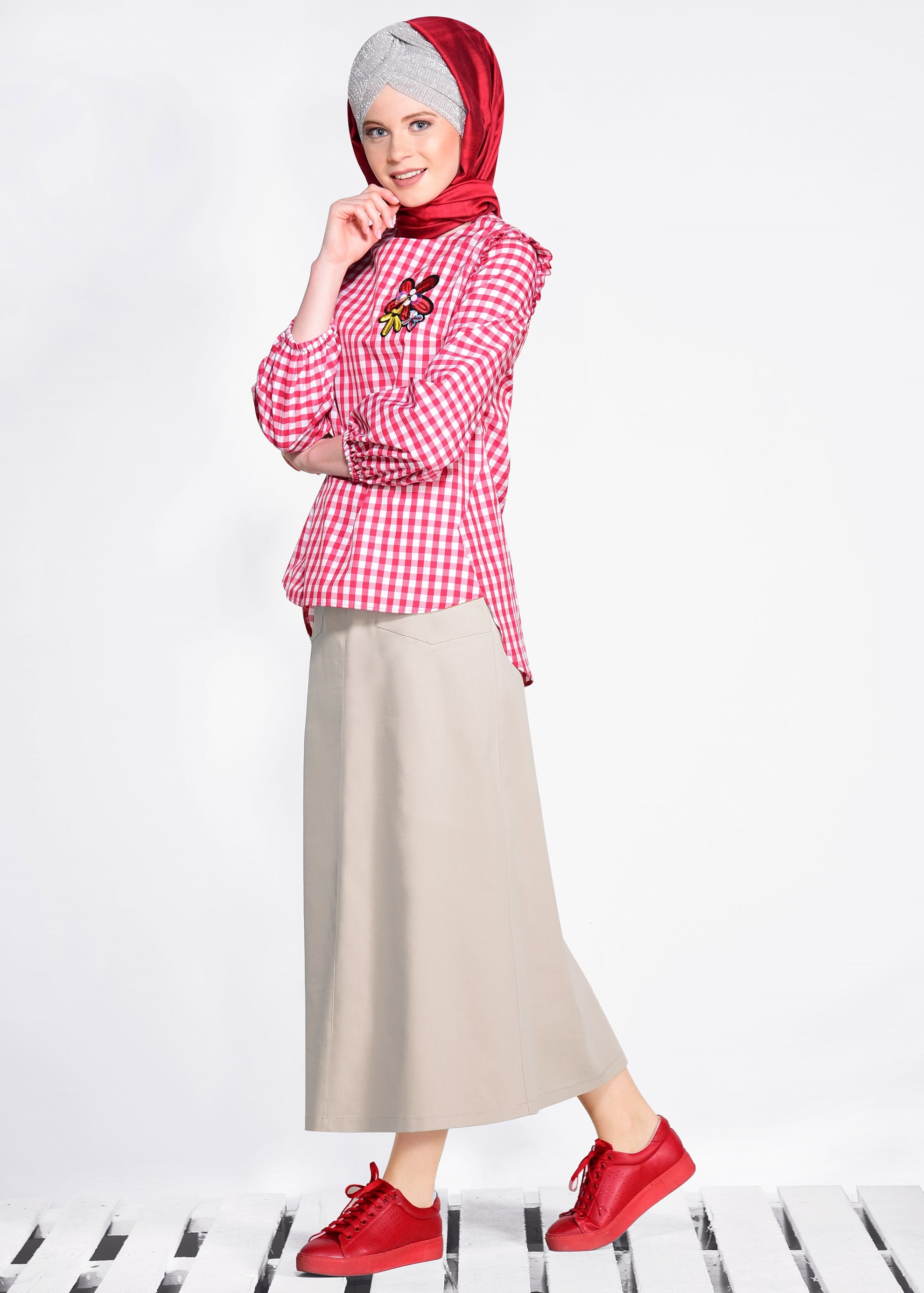 Tesettür giyim BEJ FERMUAR DETAYLI CEPLİ ETEK 6190