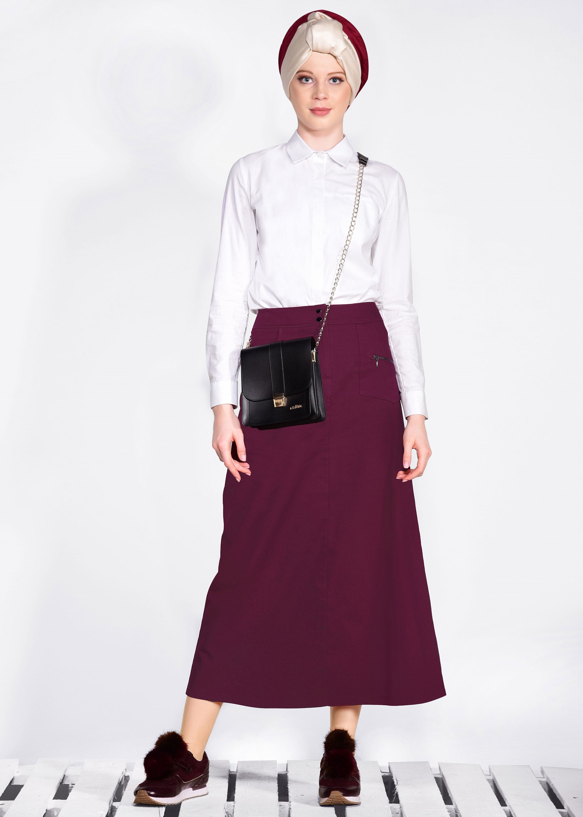 Tesettür giyim BORDO FERMUAR DETAYLI CEPLİ ETEK 6190