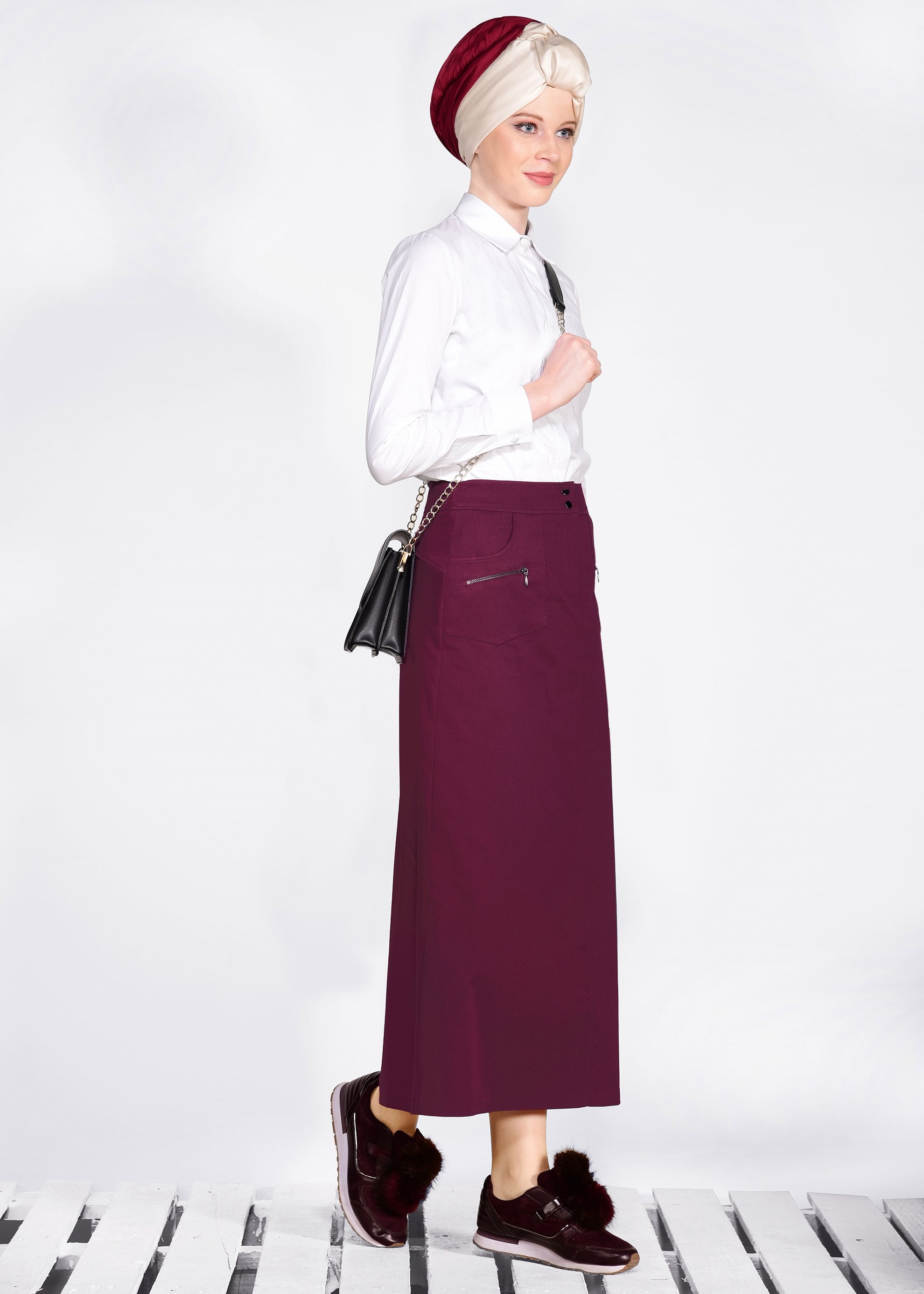 Tesettür giyim BORDO FERMUAR DETAYLI CEPLİ ETEK 6190