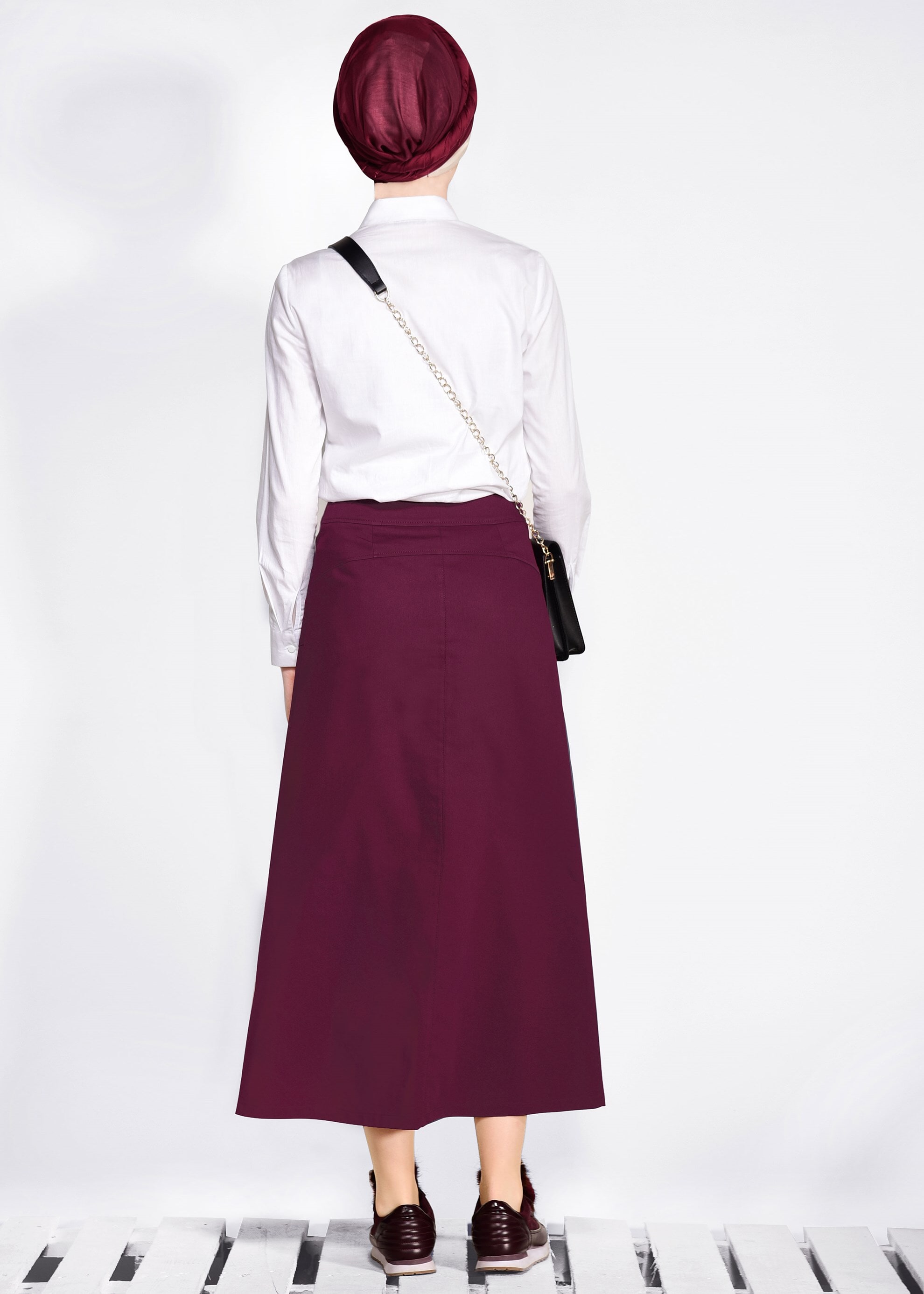 Tesettür giyim BORDO FERMUAR DETAYLI CEPLİ ETEK 6190