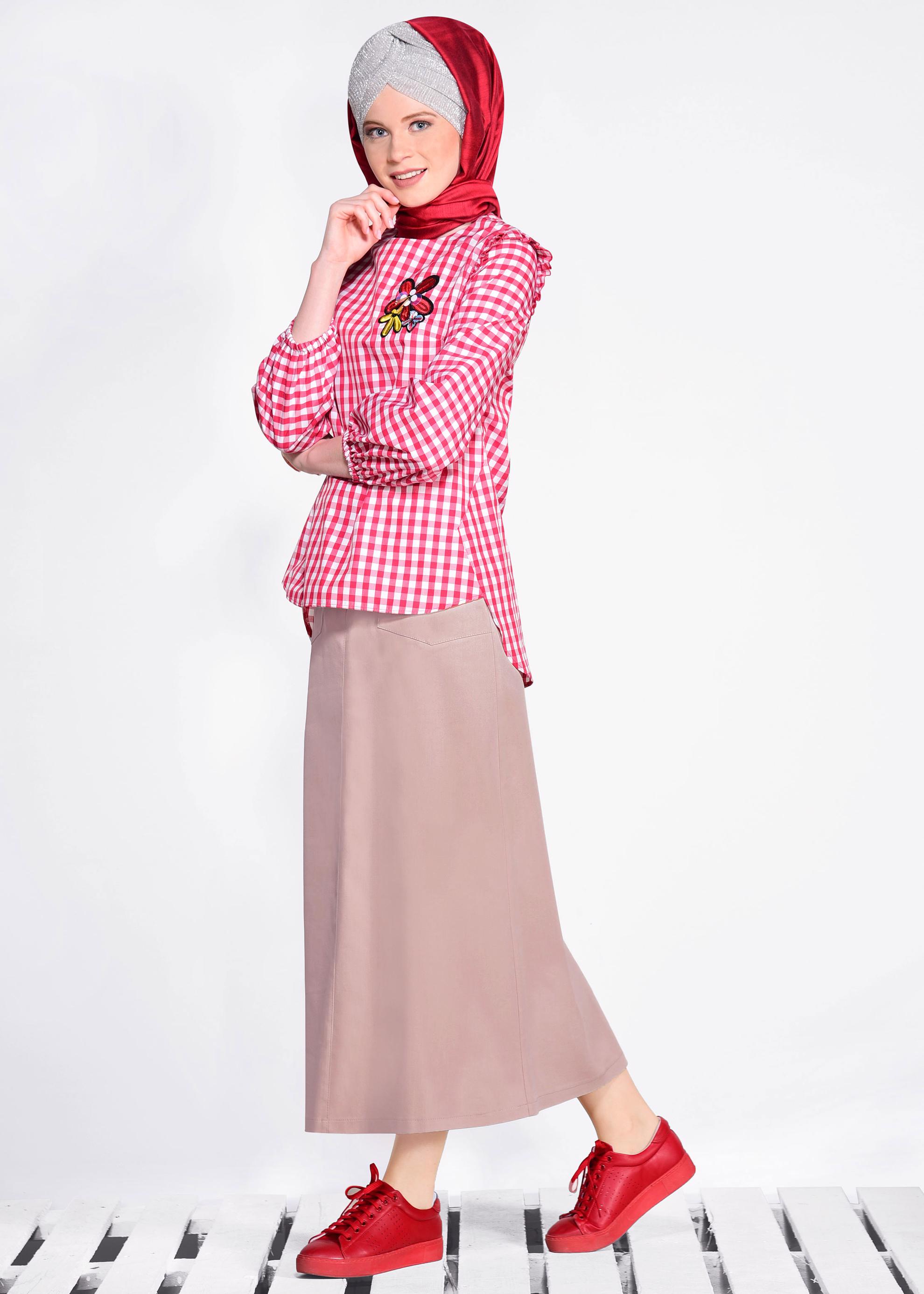 Tesettür giyim PUDRA FERMUAR DETAYLI CEPLİ ETEK 6190