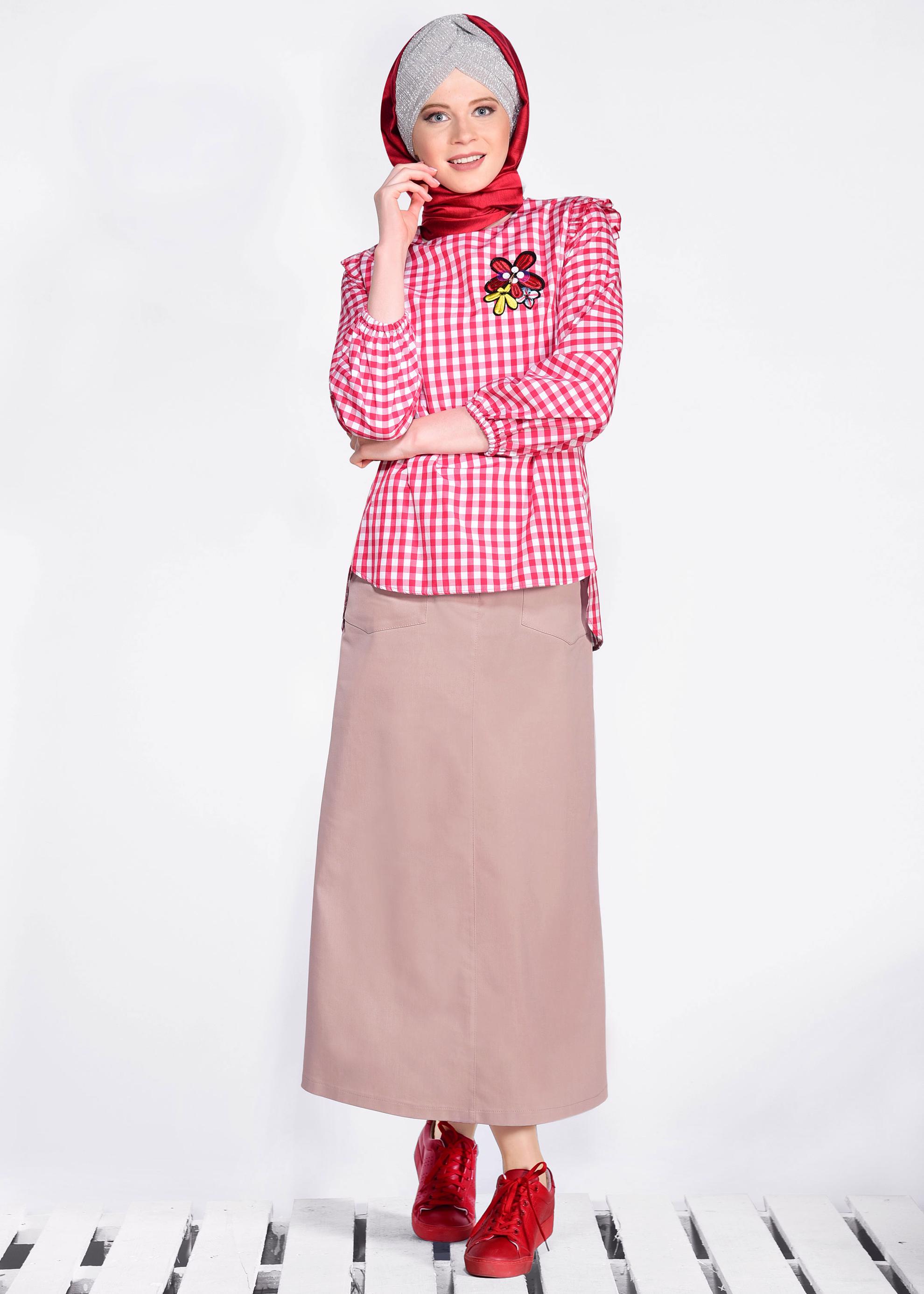 Tesettür giyim PUDRA FERMUAR DETAYLI CEPLİ ETEK 6190