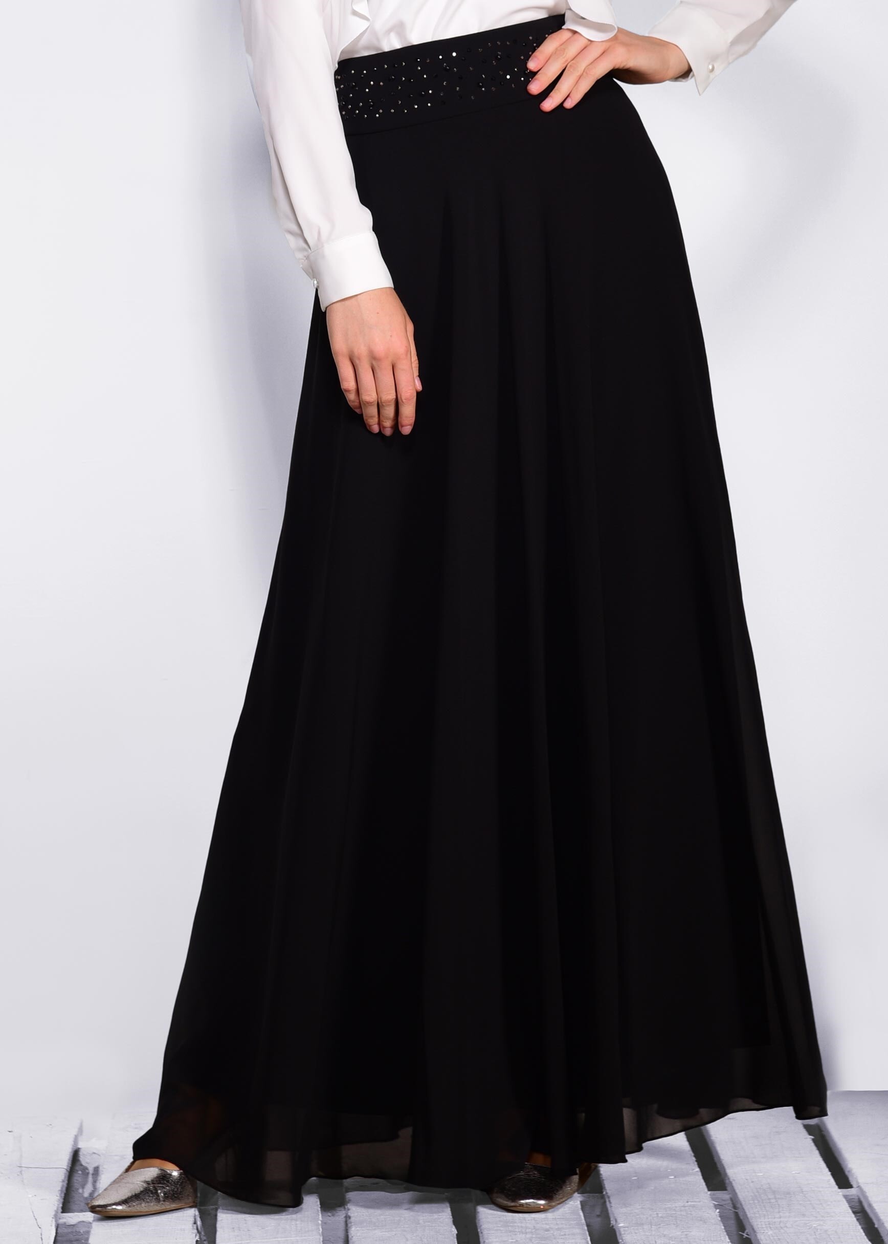 Tesettür giyim SİYAH TAŞ İŞLEMELİ ŞİFON ETEK 6194