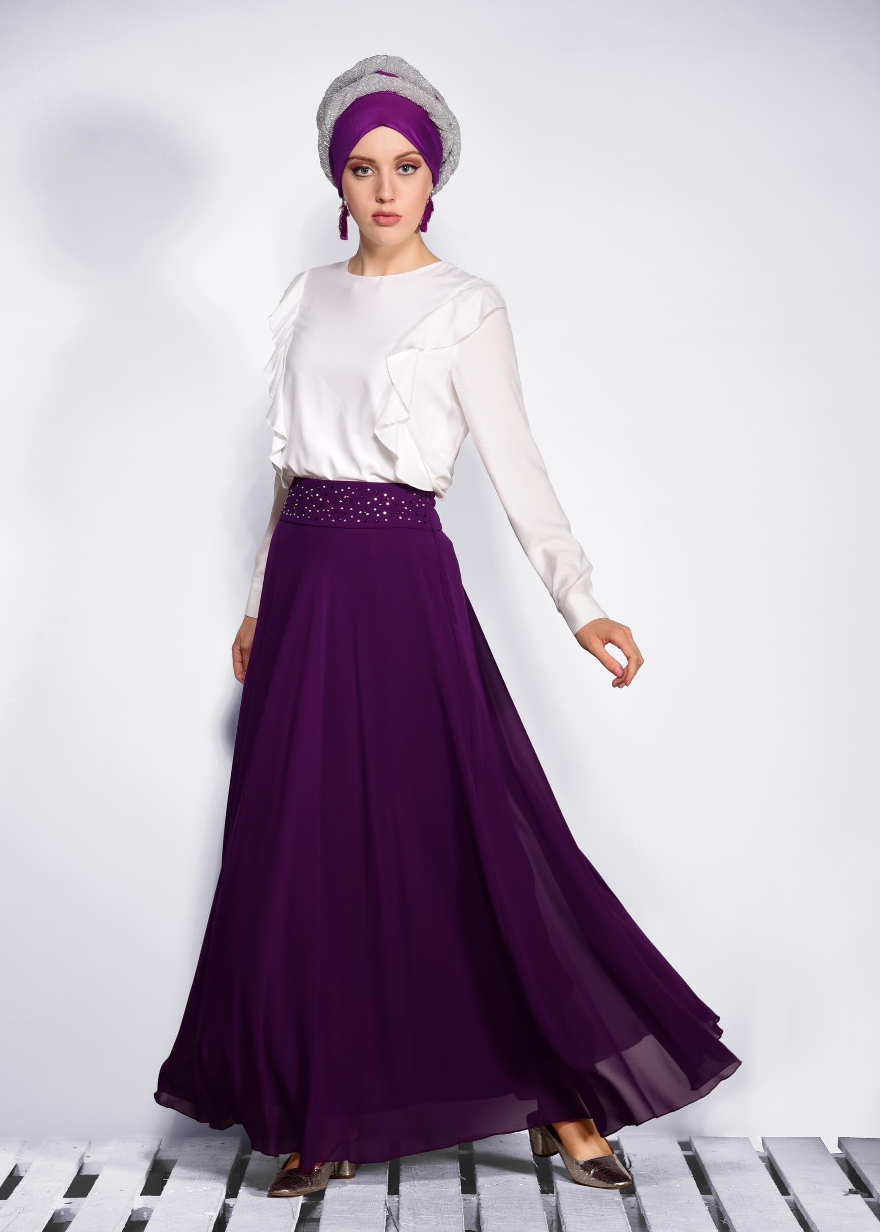 Tesettür giyim MÜRDÜM TAŞ İŞLEMELİ ŞİFON ETEK 6194