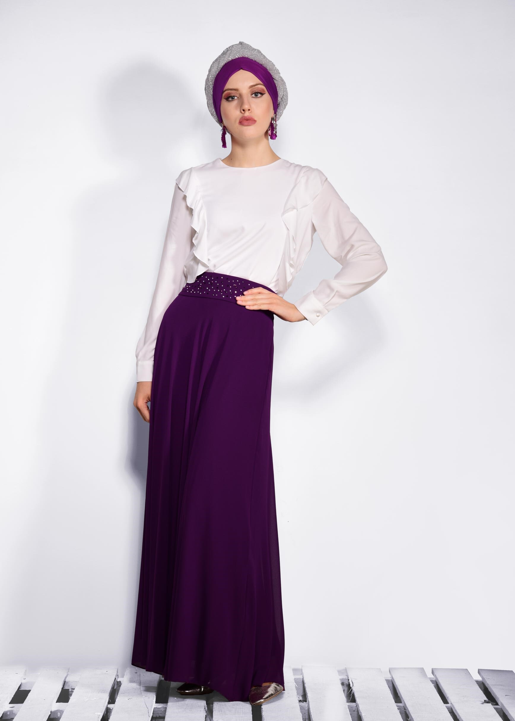 Tesettür giyim MÜRDÜM TAŞ İŞLEMELİ ŞİFON ETEK 6194