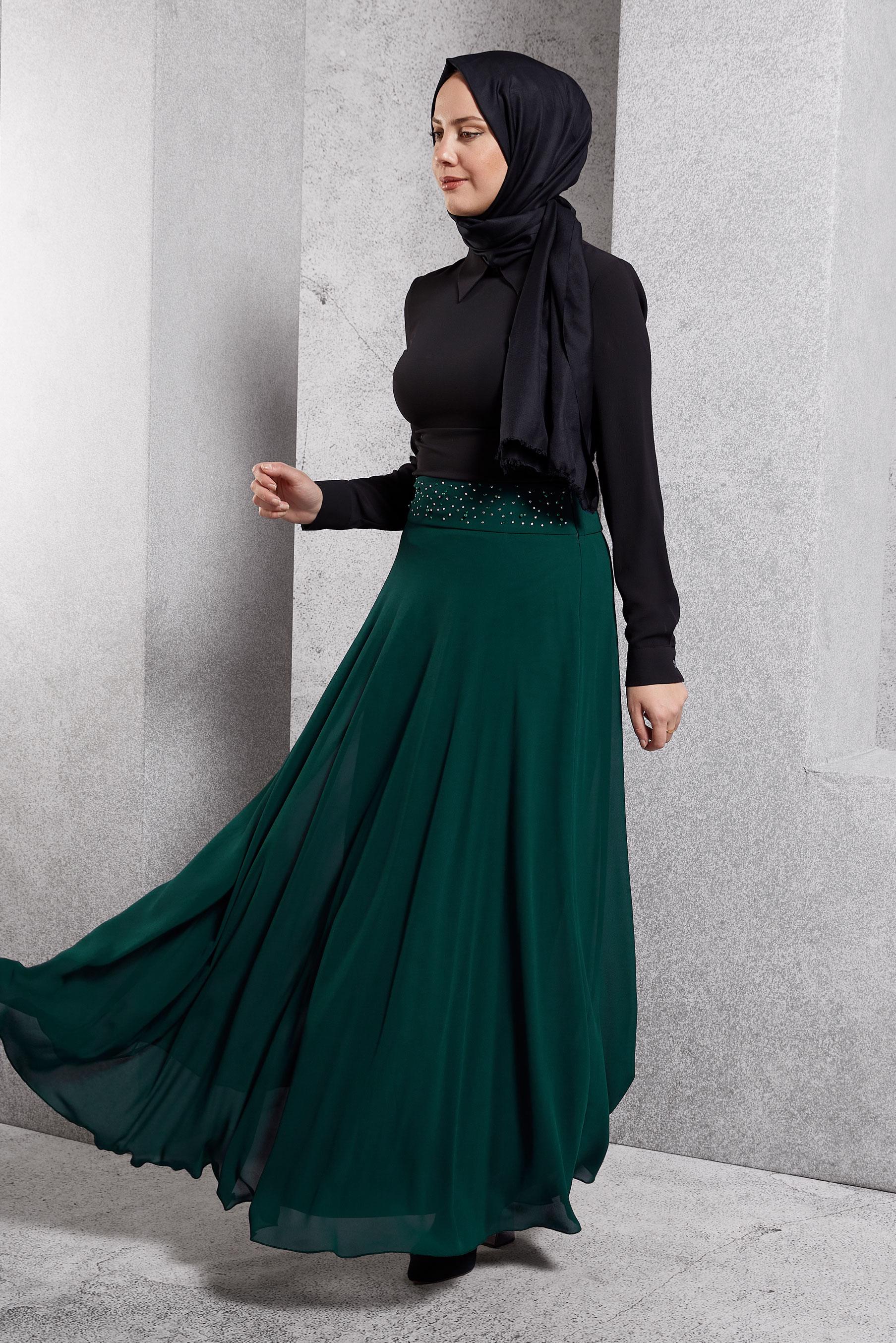 Tesettür giyim YEŞİL TAŞ İŞLEMELİ ŞİFON ETEK 6194