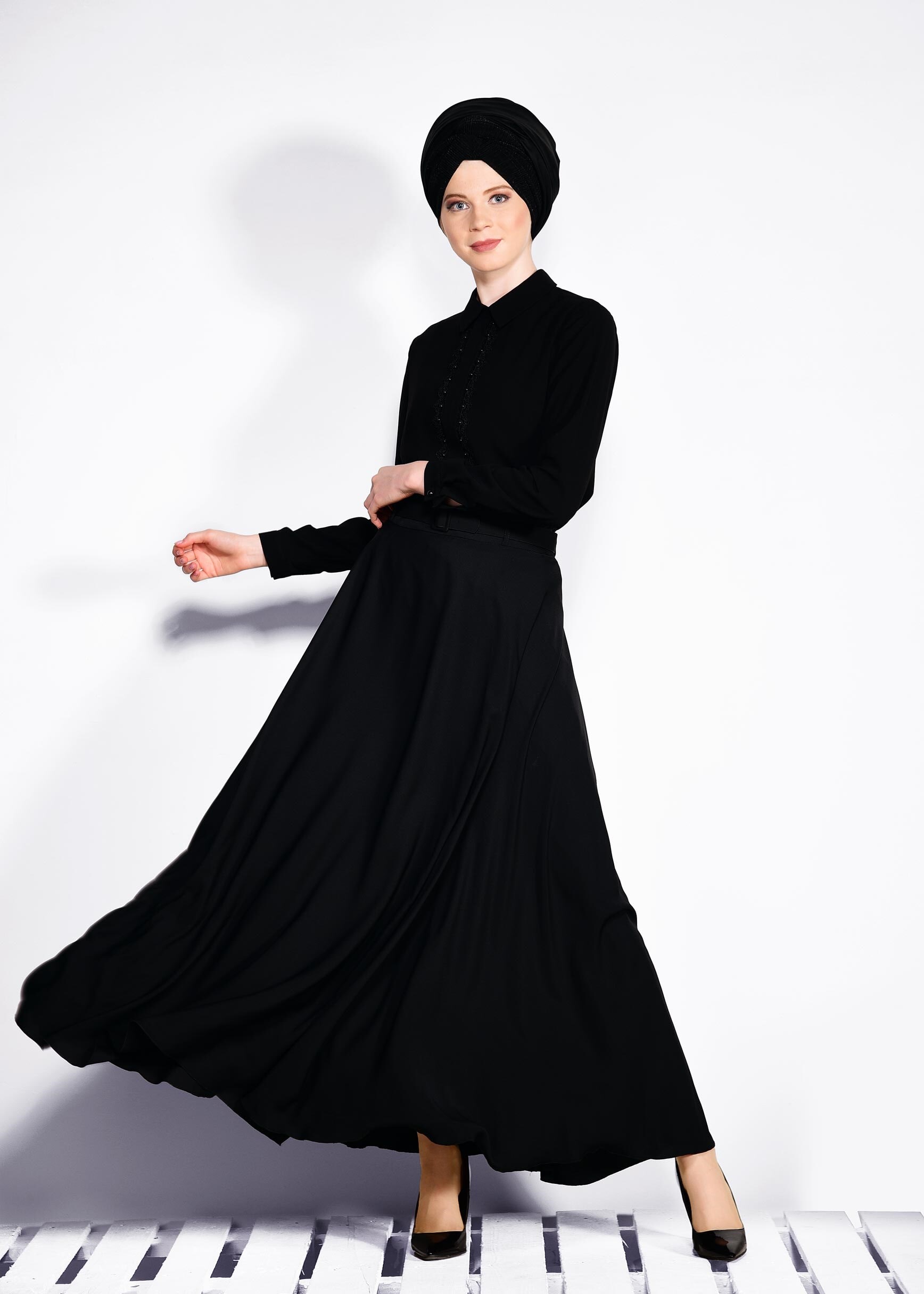 Tesettür giyim SİYAH BEL KISMI KEMERLİ ETEK 6197