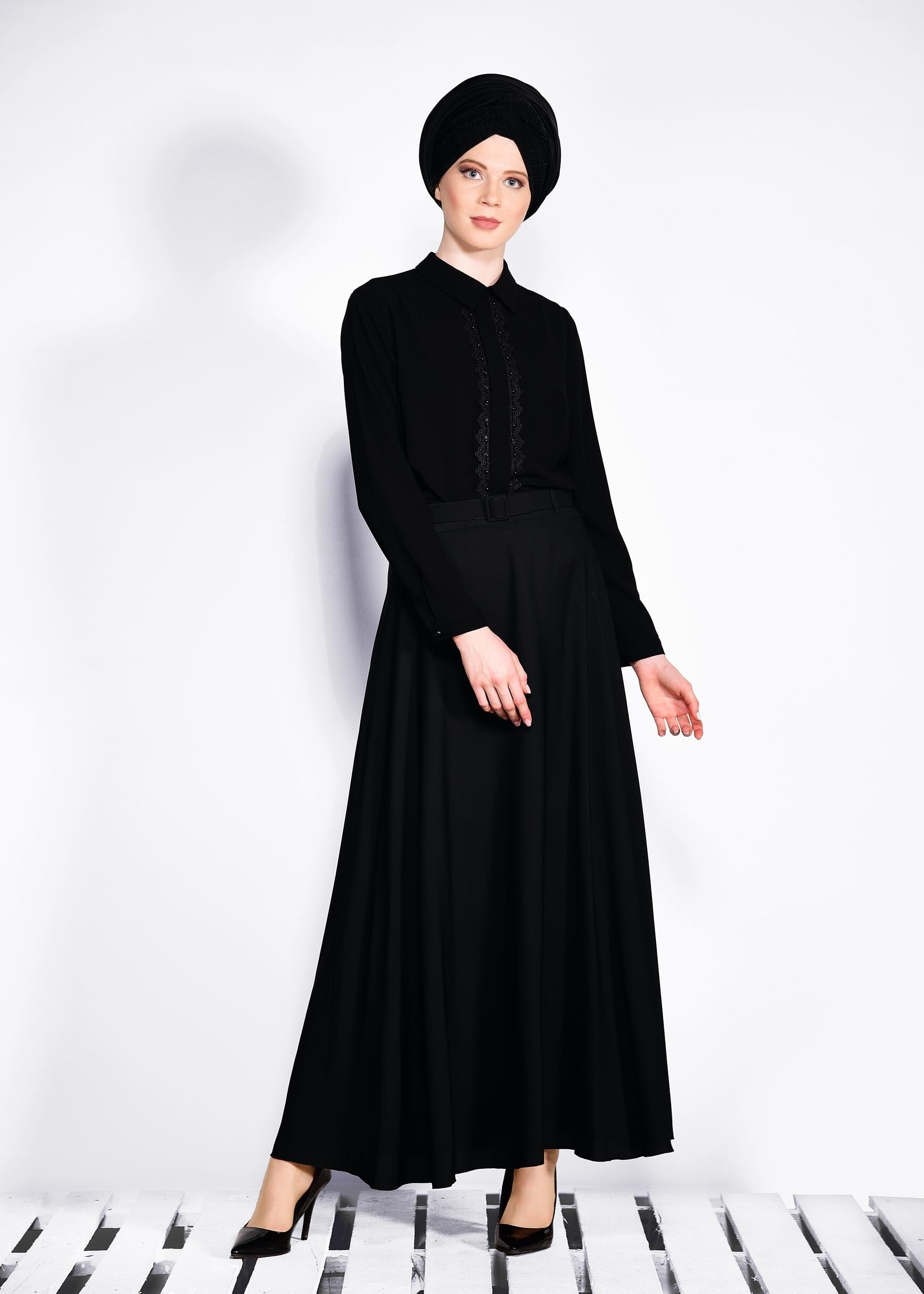 Tesettür giyim SİYAH BEL KISMI KEMERLİ ETEK 6197