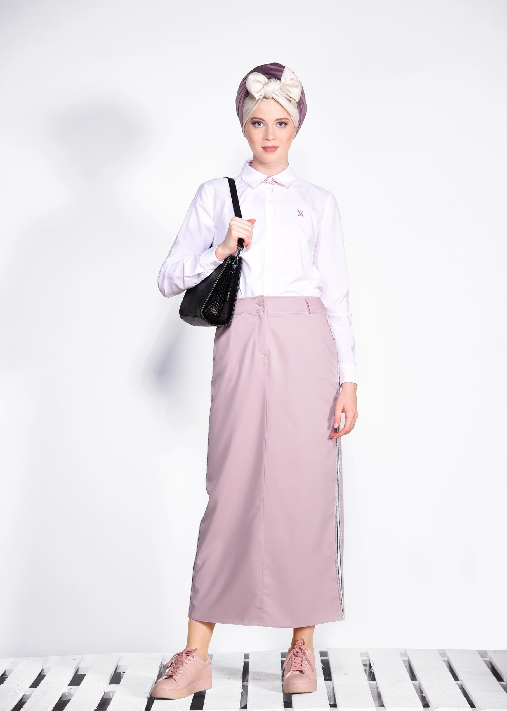 Tesettür giyim PUDRA YANLARI SİM ŞERİTLİ ETEK 6199