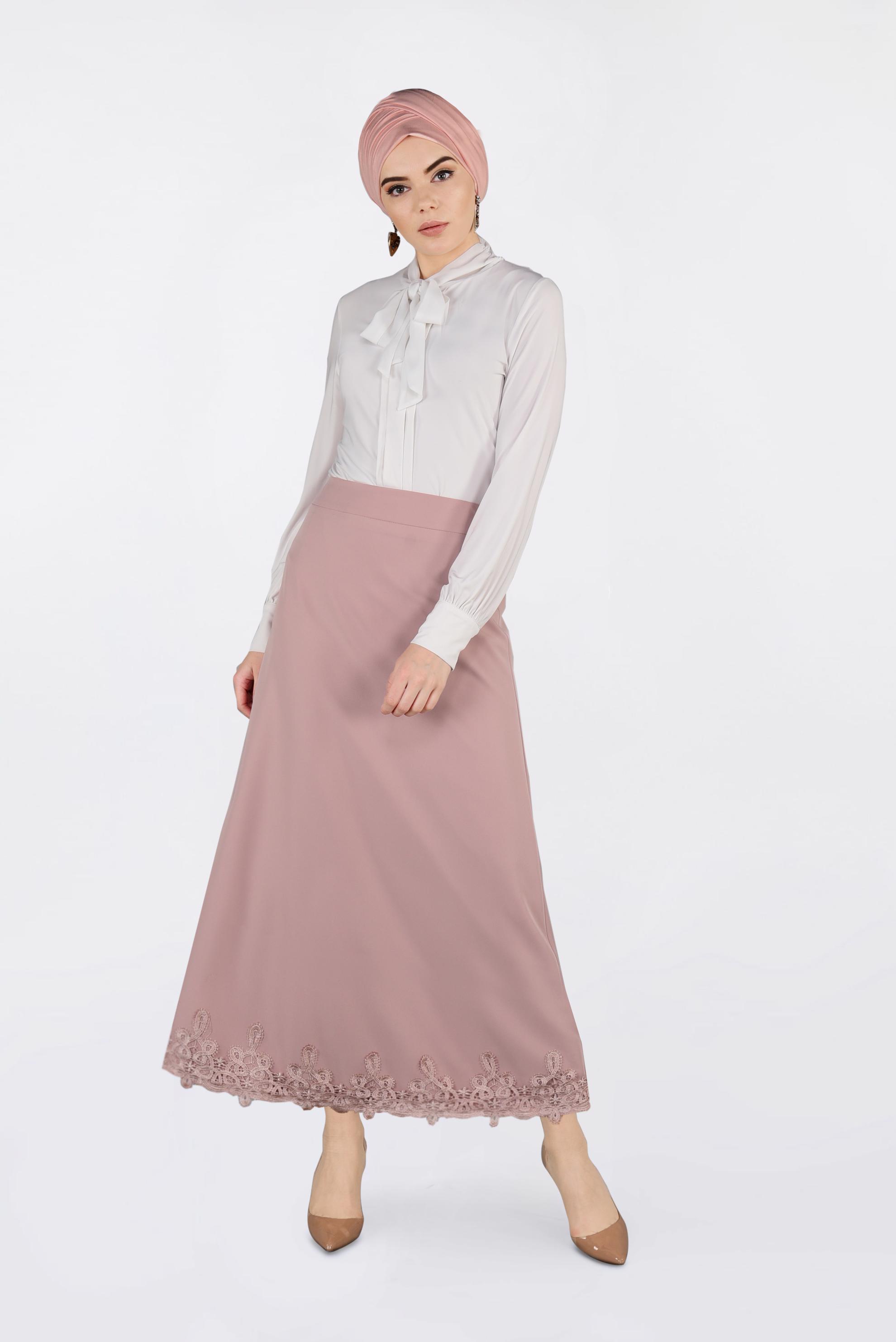 Tesettür giyim PUDRA ETEK UCU DANTELLİ ETEK 6201