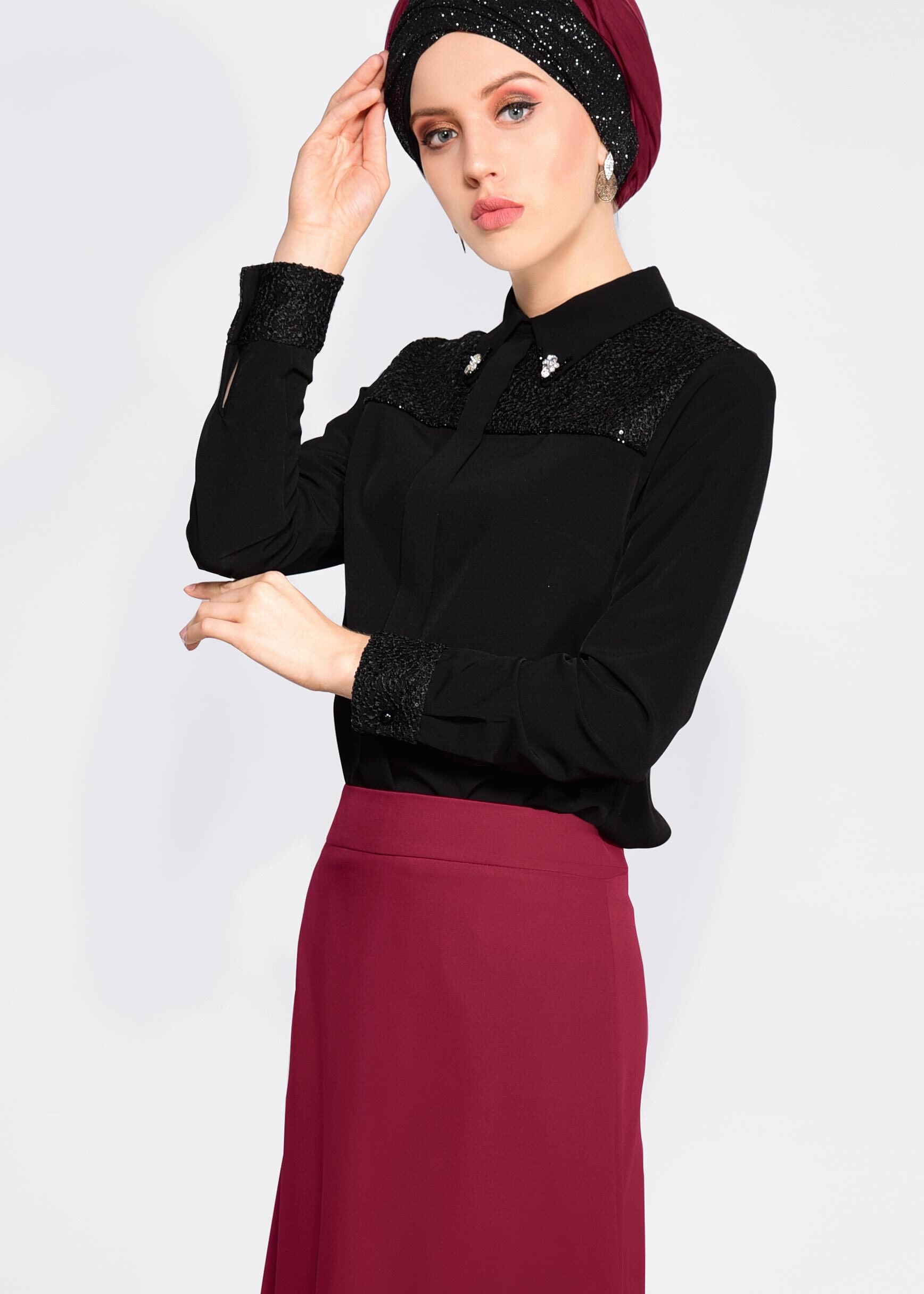 Tesettür giyim BORDO ETEK UCU DANTELLİ ETEK 6201