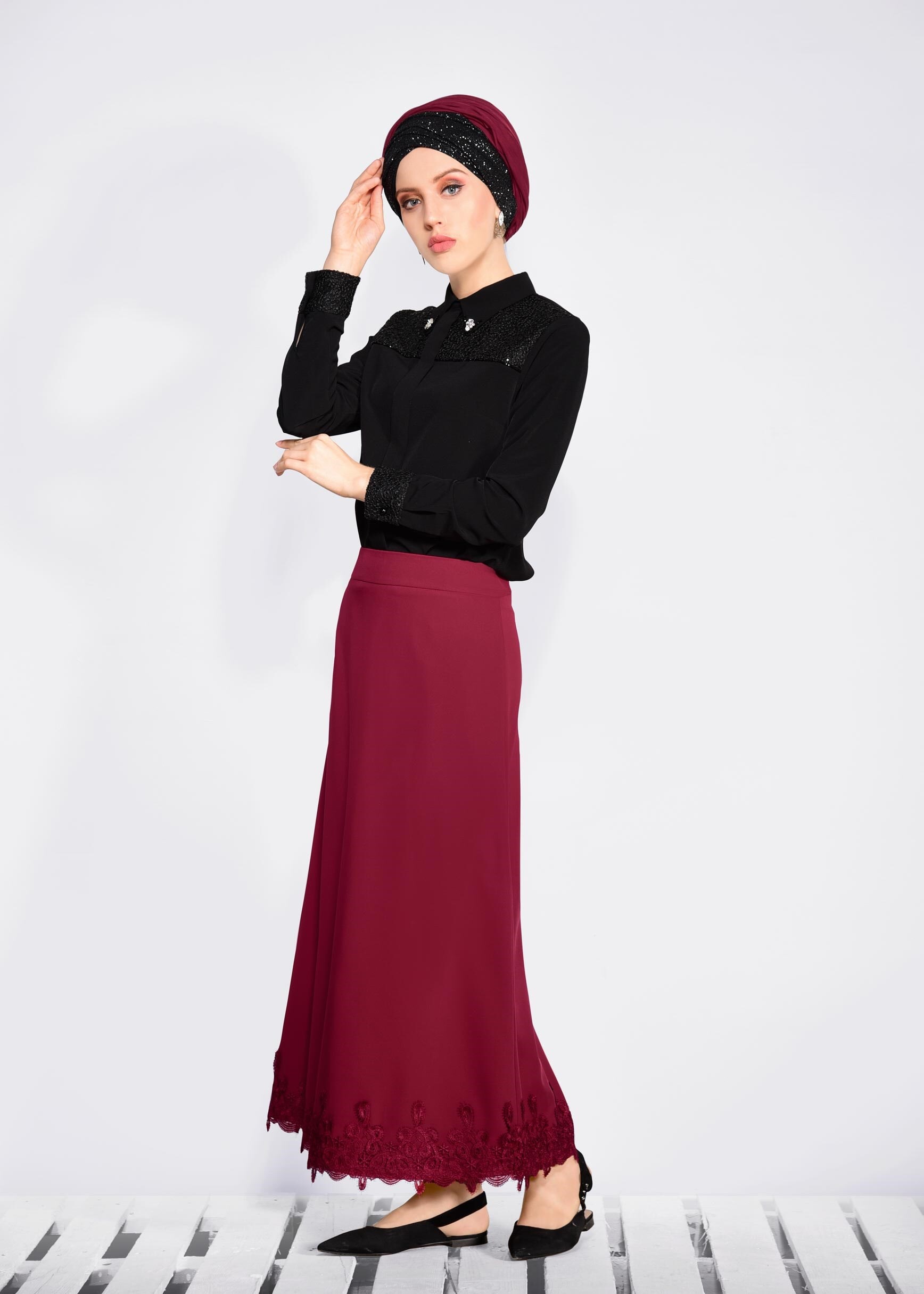 Tesettür giyim BORDO ETEK UCU DANTELLİ ETEK 6201