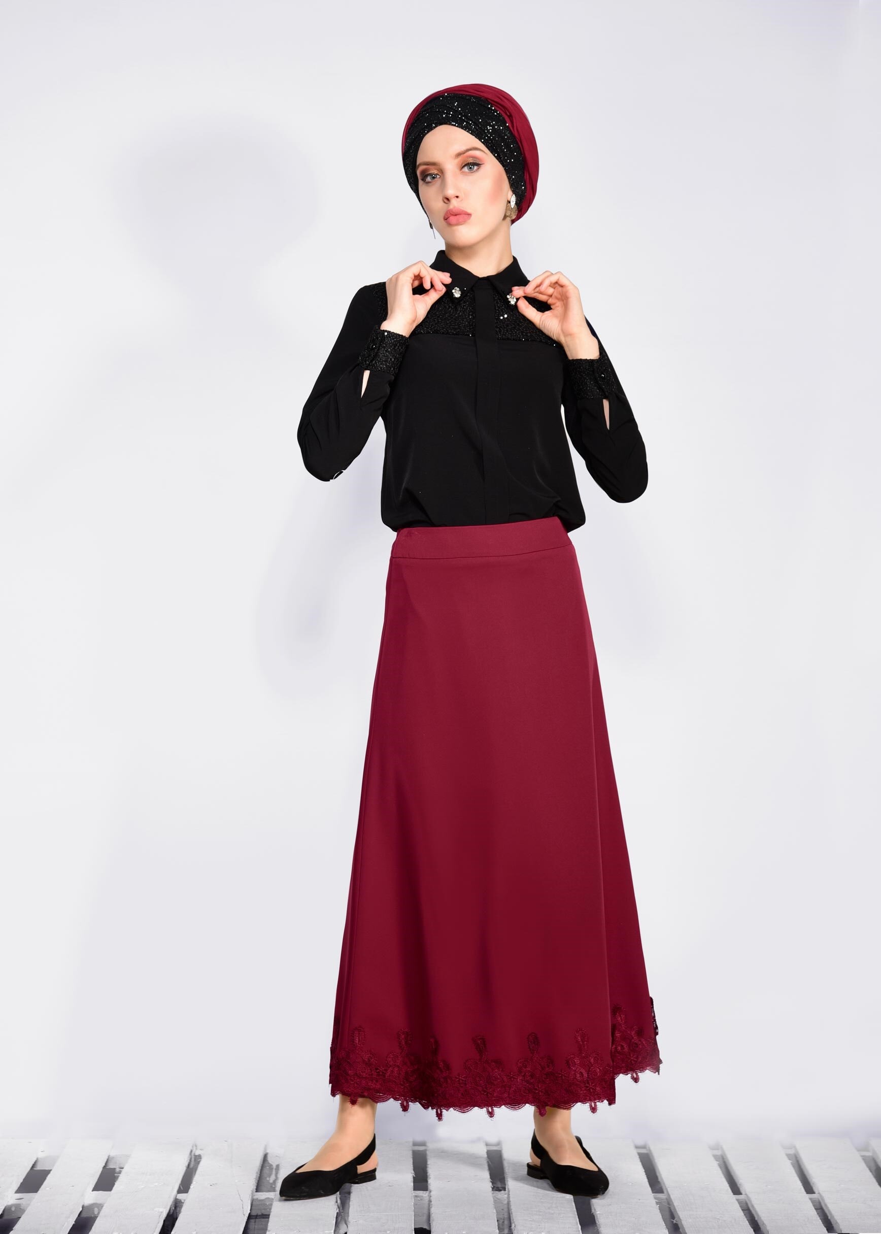Tesettür giyim BORDO ETEK UCU DANTELLİ ETEK 6201