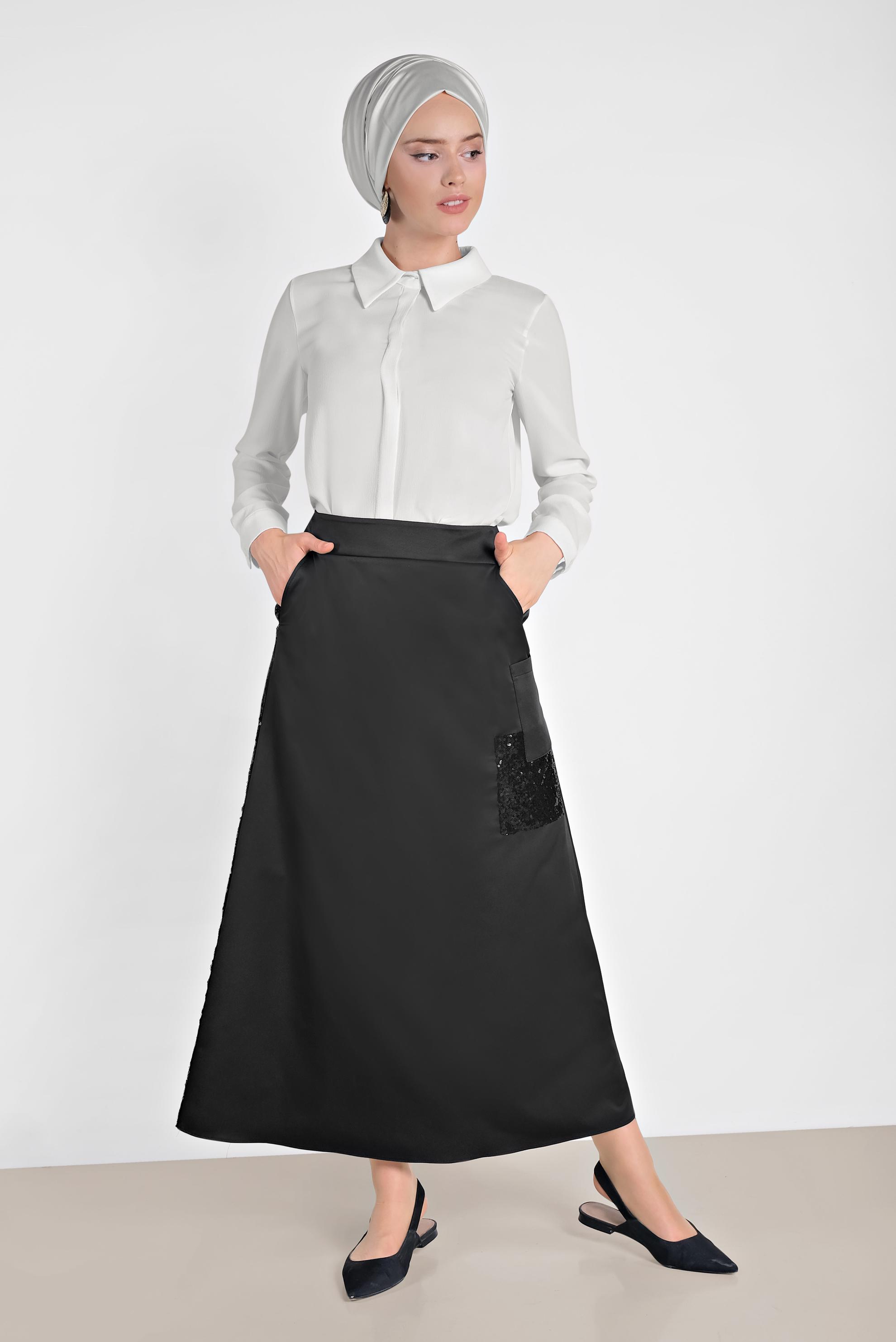Tesettür giyim SİYAH CEP DETAYLI PUL PAYET ŞERİTLİ ETEK 6206