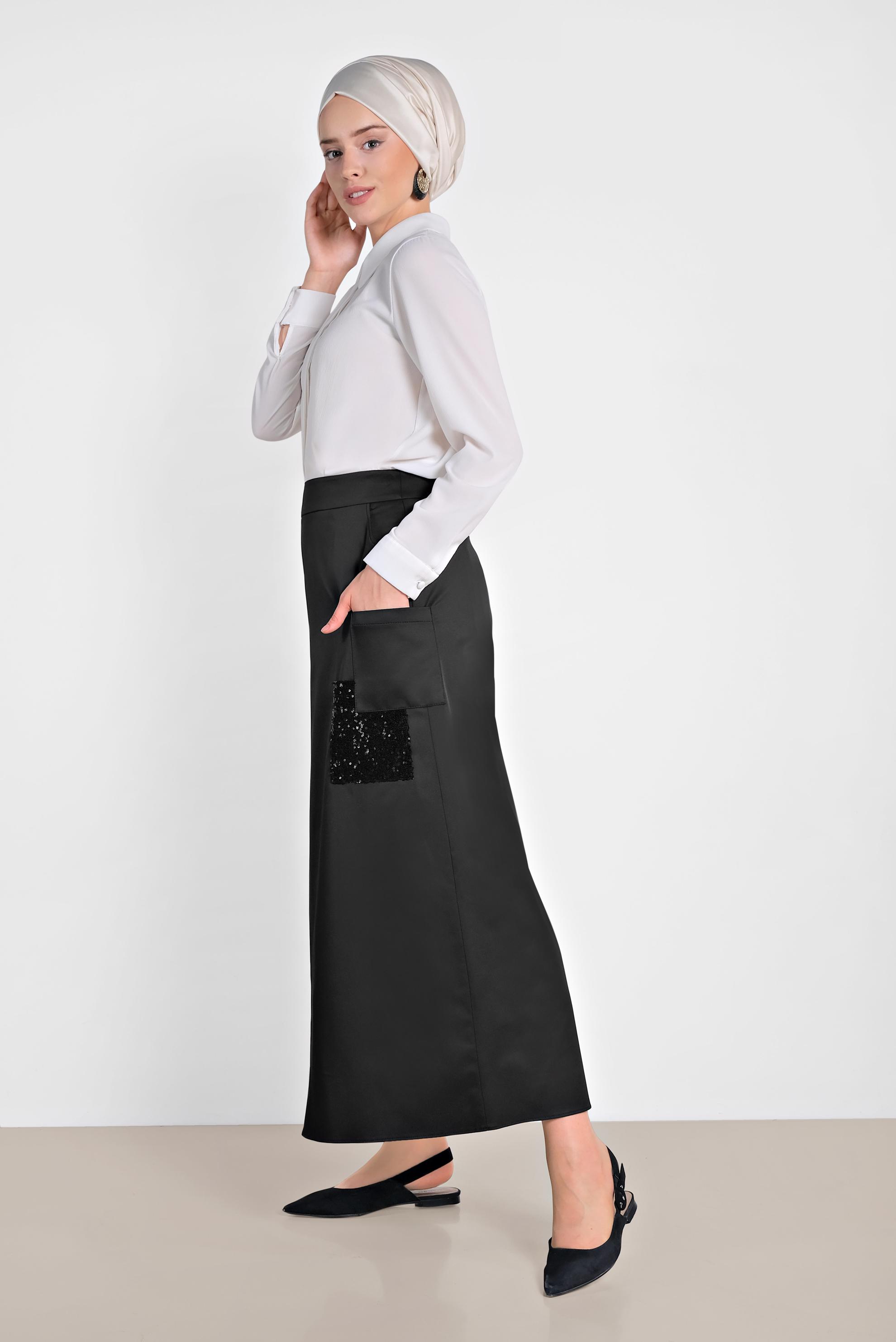 Tesettür giyim SİYAH CEP DETAYLI PUL PAYET ŞERİTLİ ETEK 6206