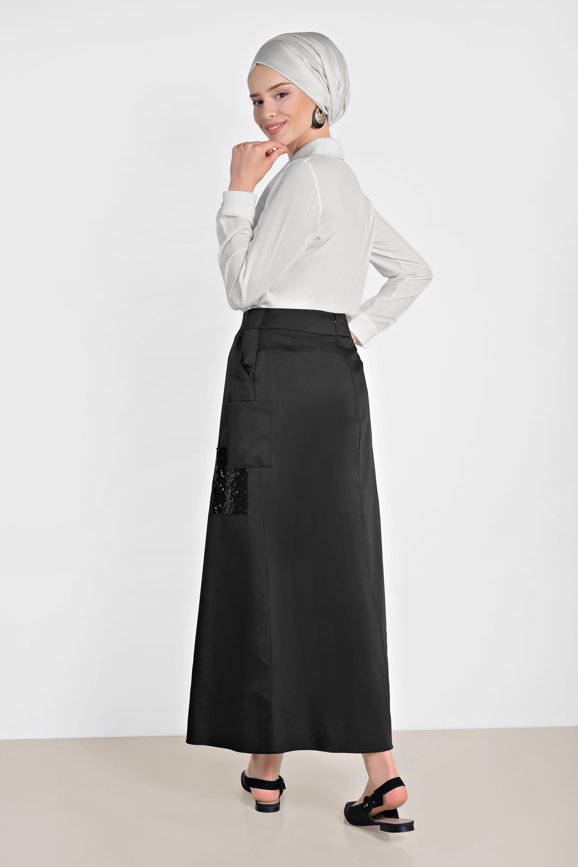 Tesettür giyim SİYAH CEP DETAYLI PUL PAYET ŞERİTLİ ETEK 6206