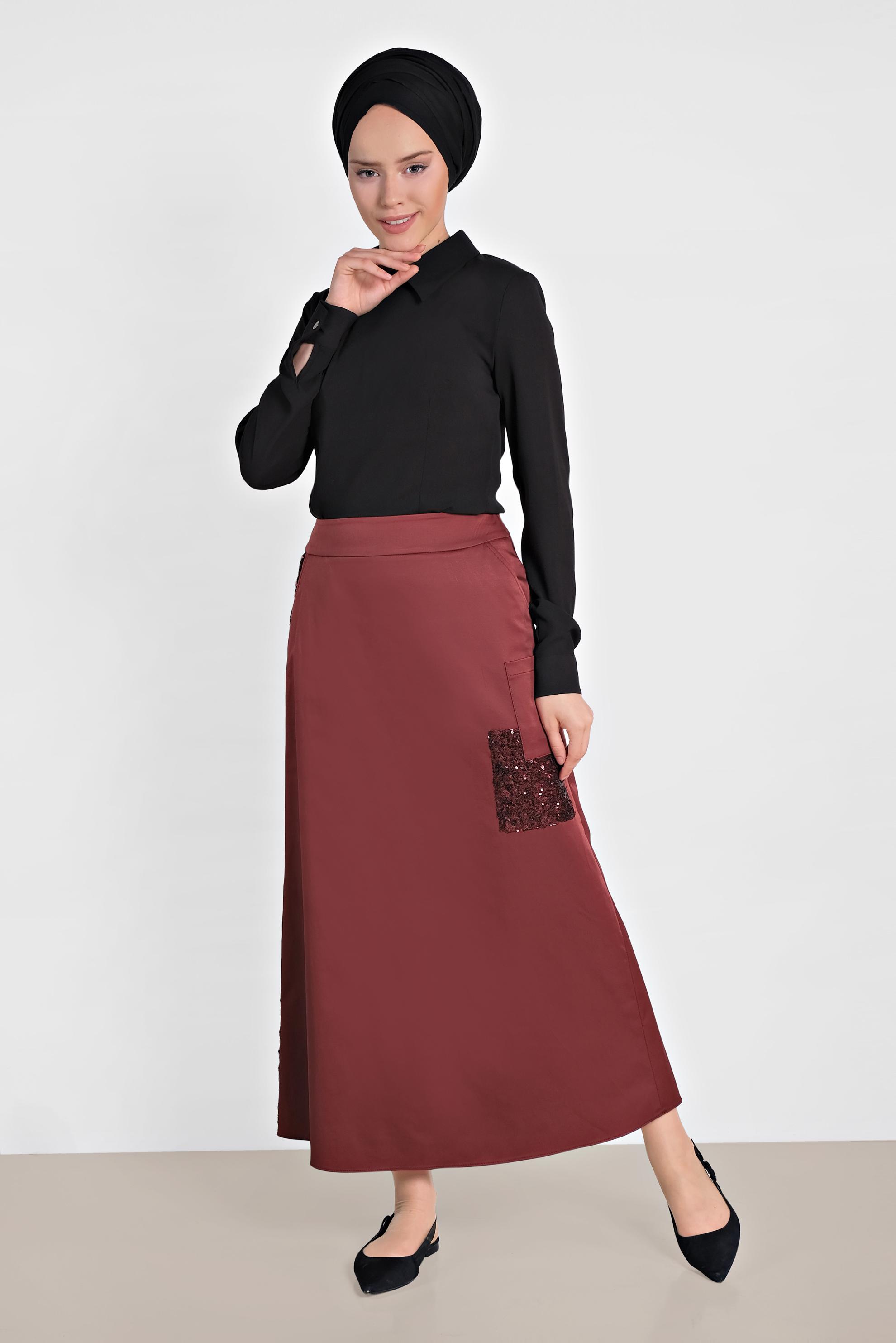 Tesettür giyim BORDO CEP DETAYLI PUL PAYET ŞERİTLİ ETEK 6206