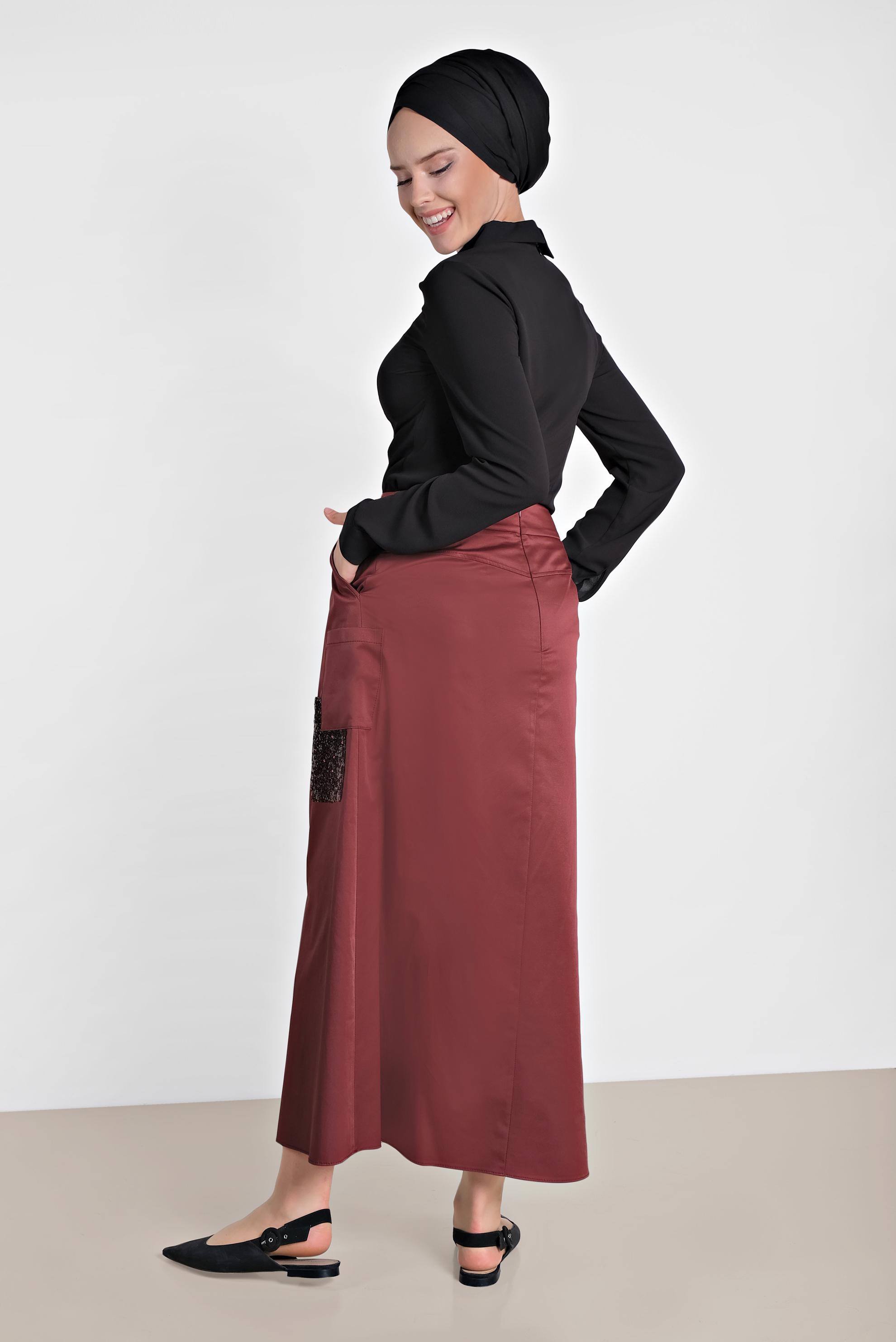 Tesettür giyim BORDO CEP DETAYLI PUL PAYET ŞERİTLİ ETEK 6206