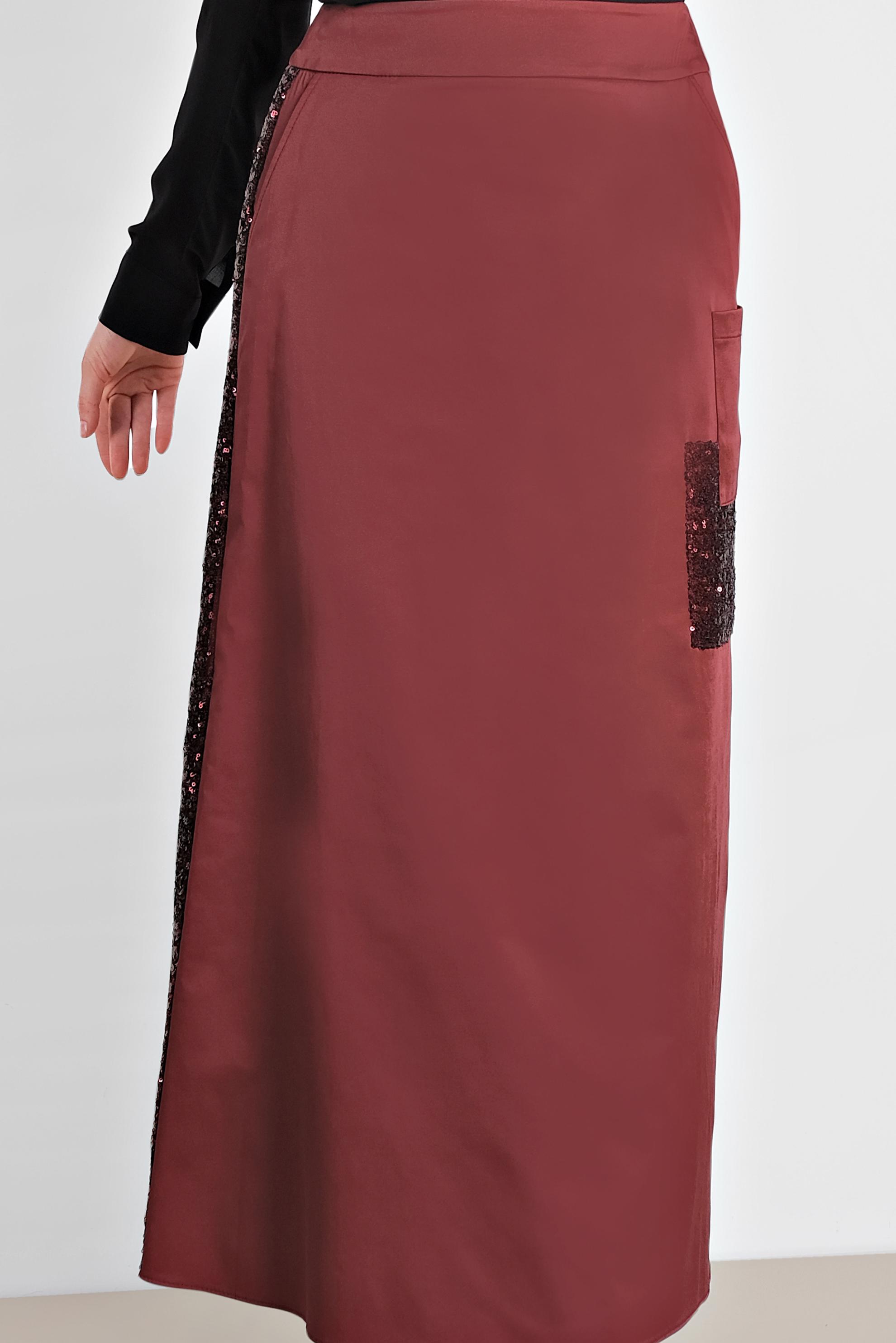 Tesettür giyim BORDO CEP DETAYLI PUL PAYET ŞERİTLİ ETEK 6206