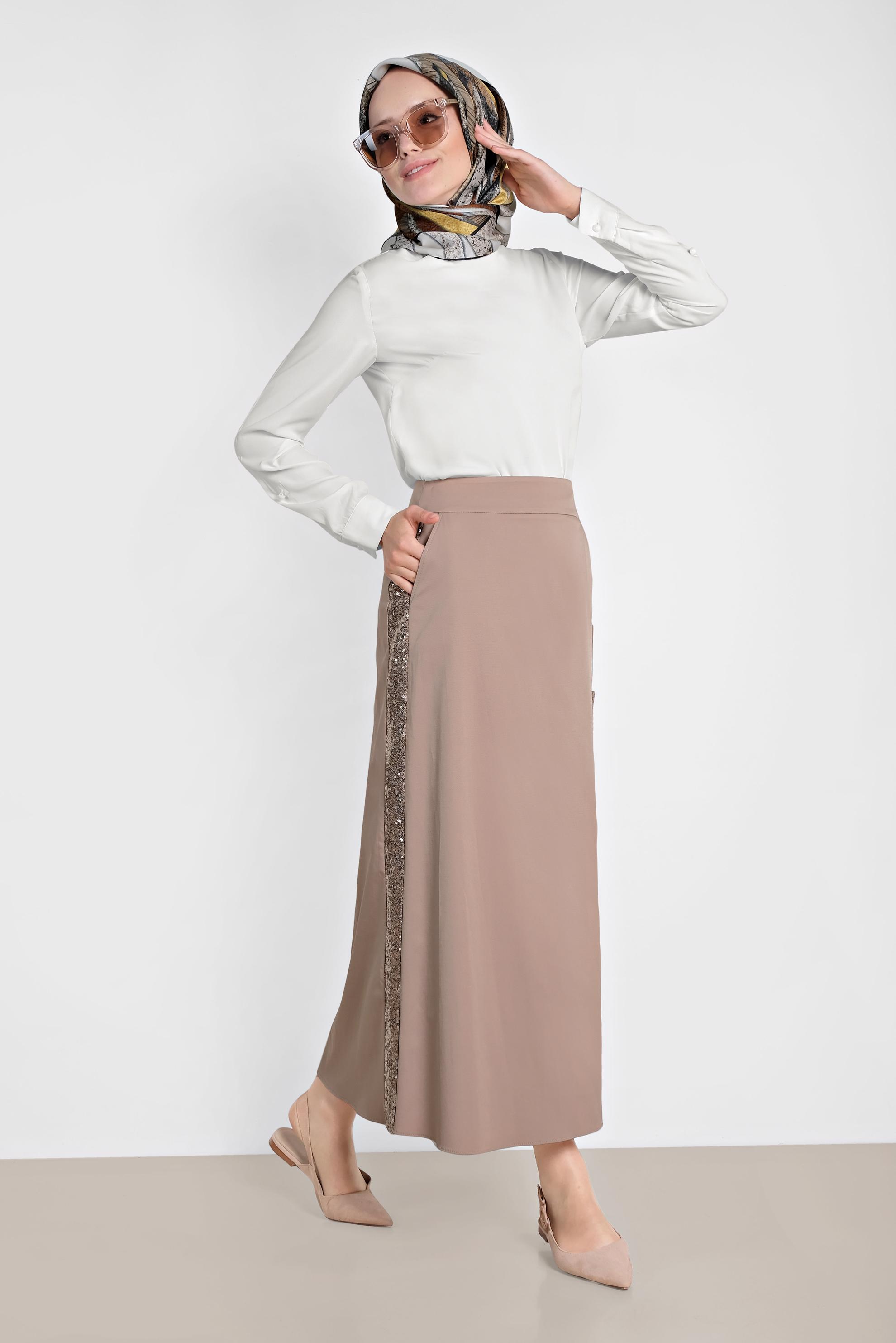 Tesettür giyim KAHVE CEP DETAYLI PUL PAYET ŞERİTLİ ETEK 6206