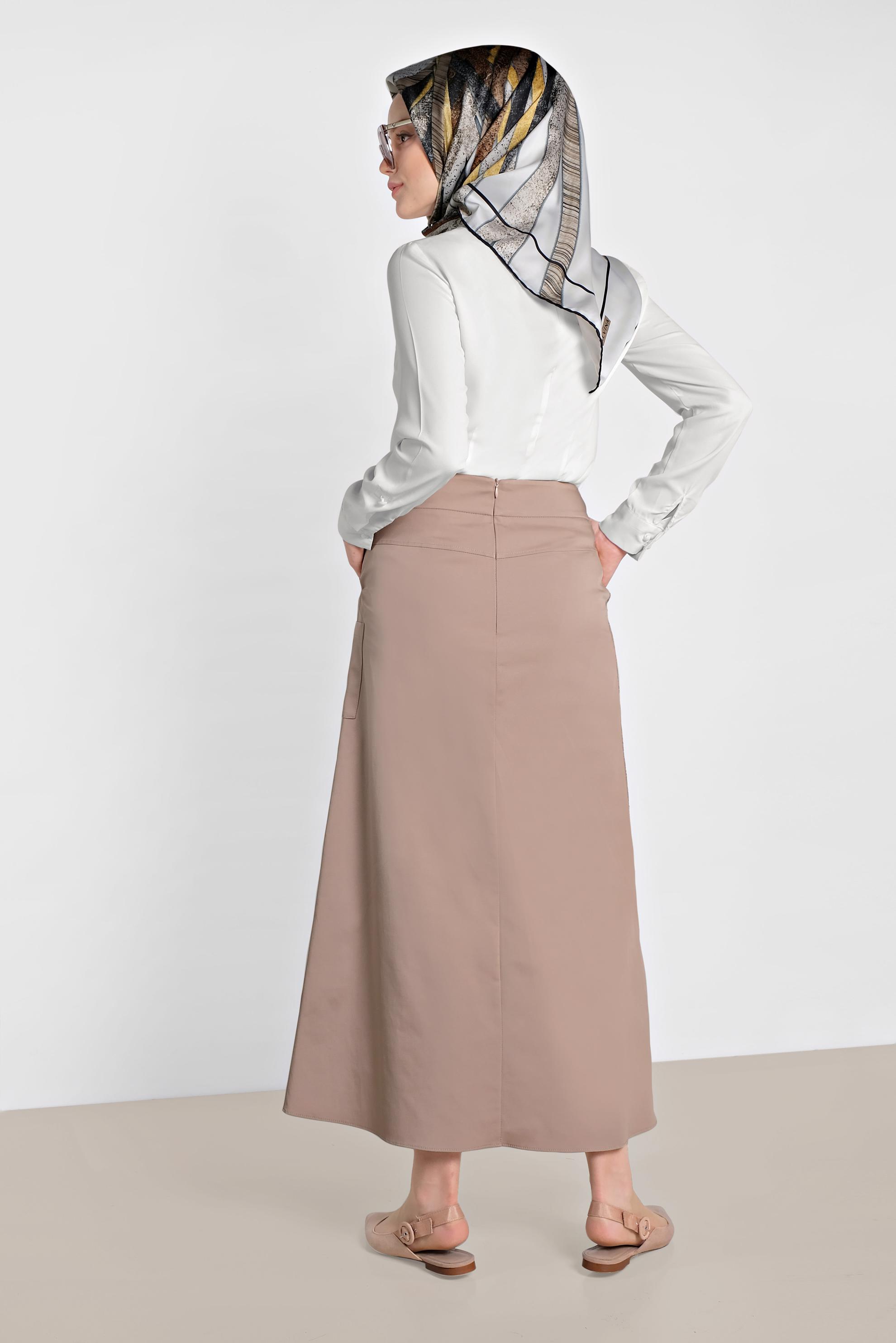 Tesettür giyim KAHVE CEP DETAYLI PUL PAYET ŞERİTLİ ETEK 6206