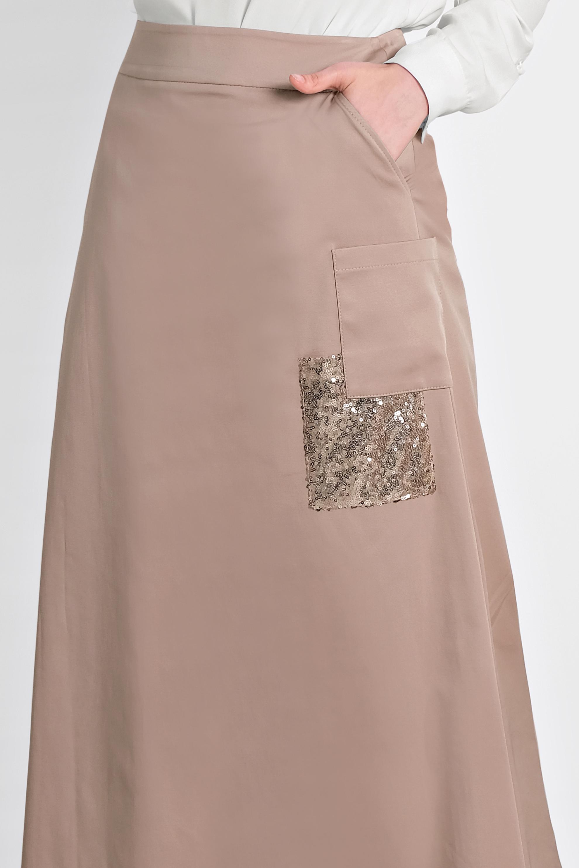 Tesettür giyim KAHVE CEP DETAYLI PUL PAYET ŞERİTLİ ETEK 6206