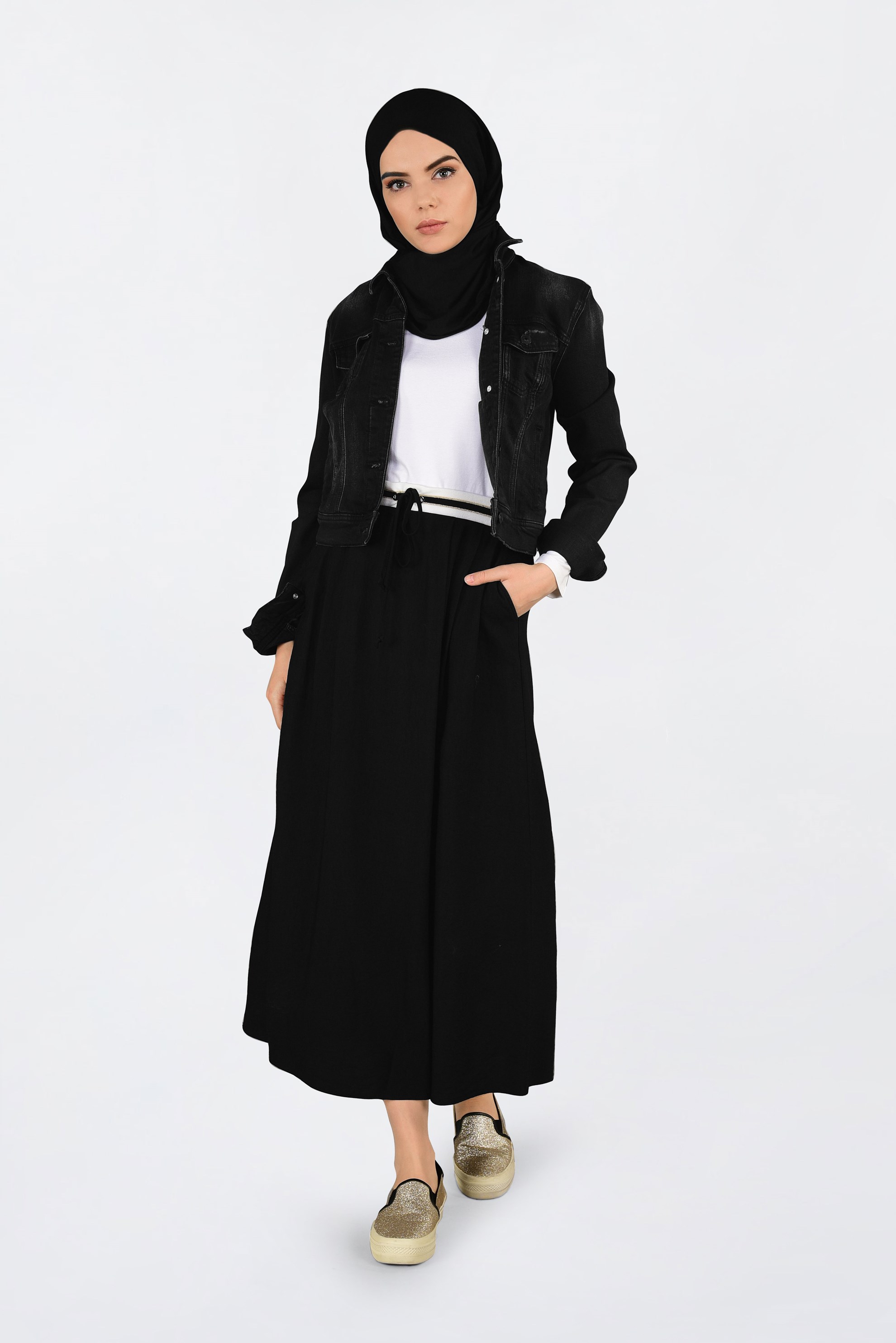 Tesettür giyim SİYAH BELİ LASTİKLİ BAĞCIKLI ETEK 6213