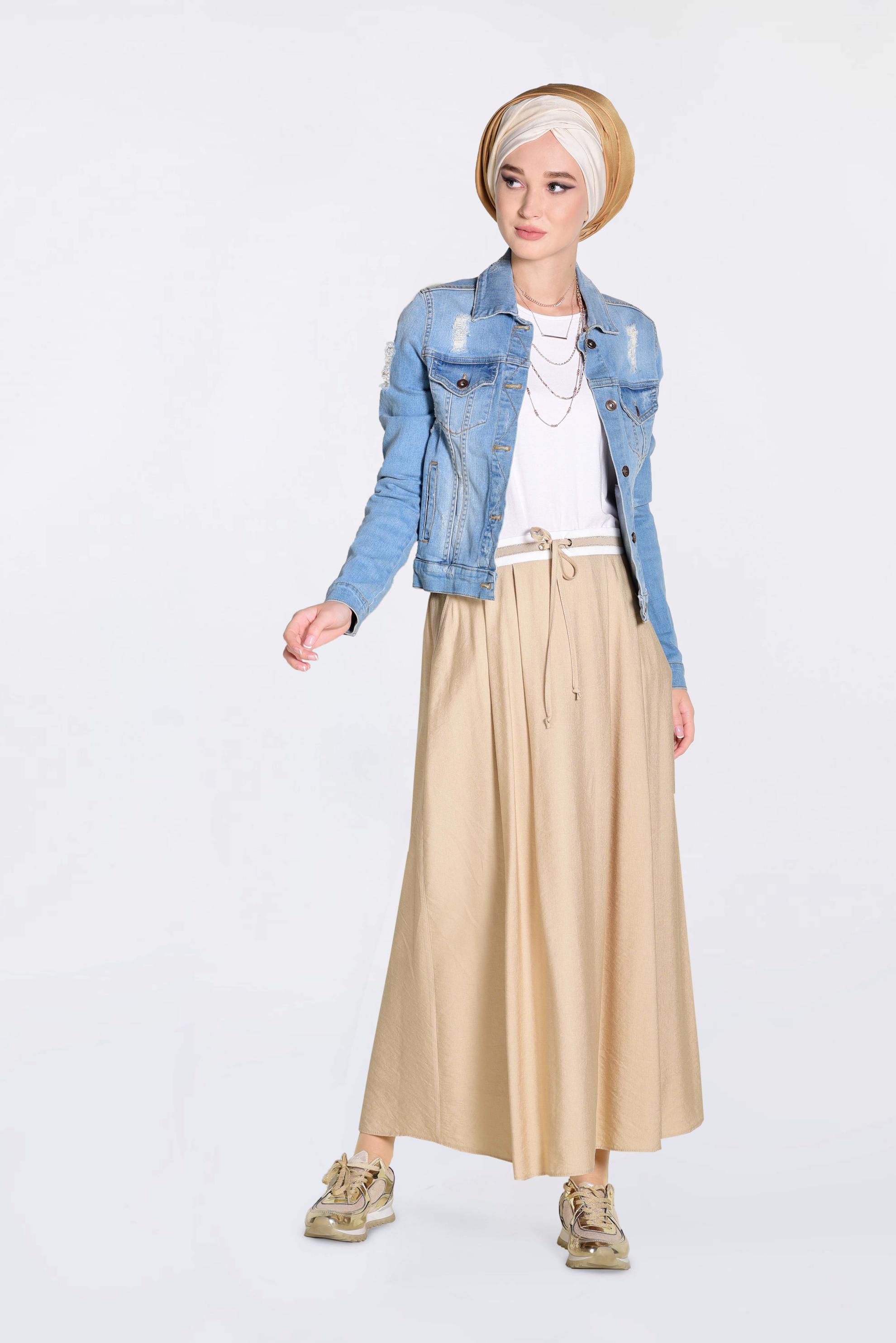 Tesettür giyim BEJ BELİ LASTİKLİ BAĞCIKLI ETEK 6213