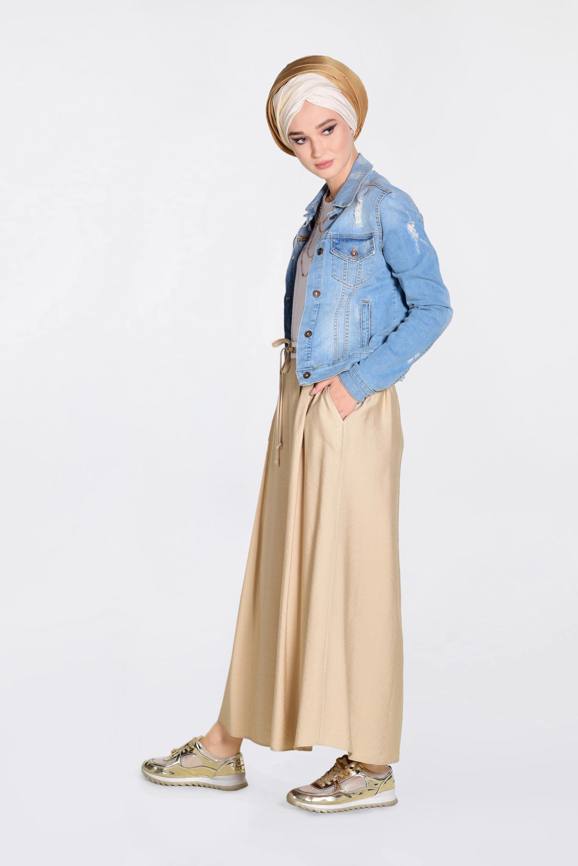 Tesettür giyim BEJ BELİ LASTİKLİ BAĞCIKLI ETEK 6213