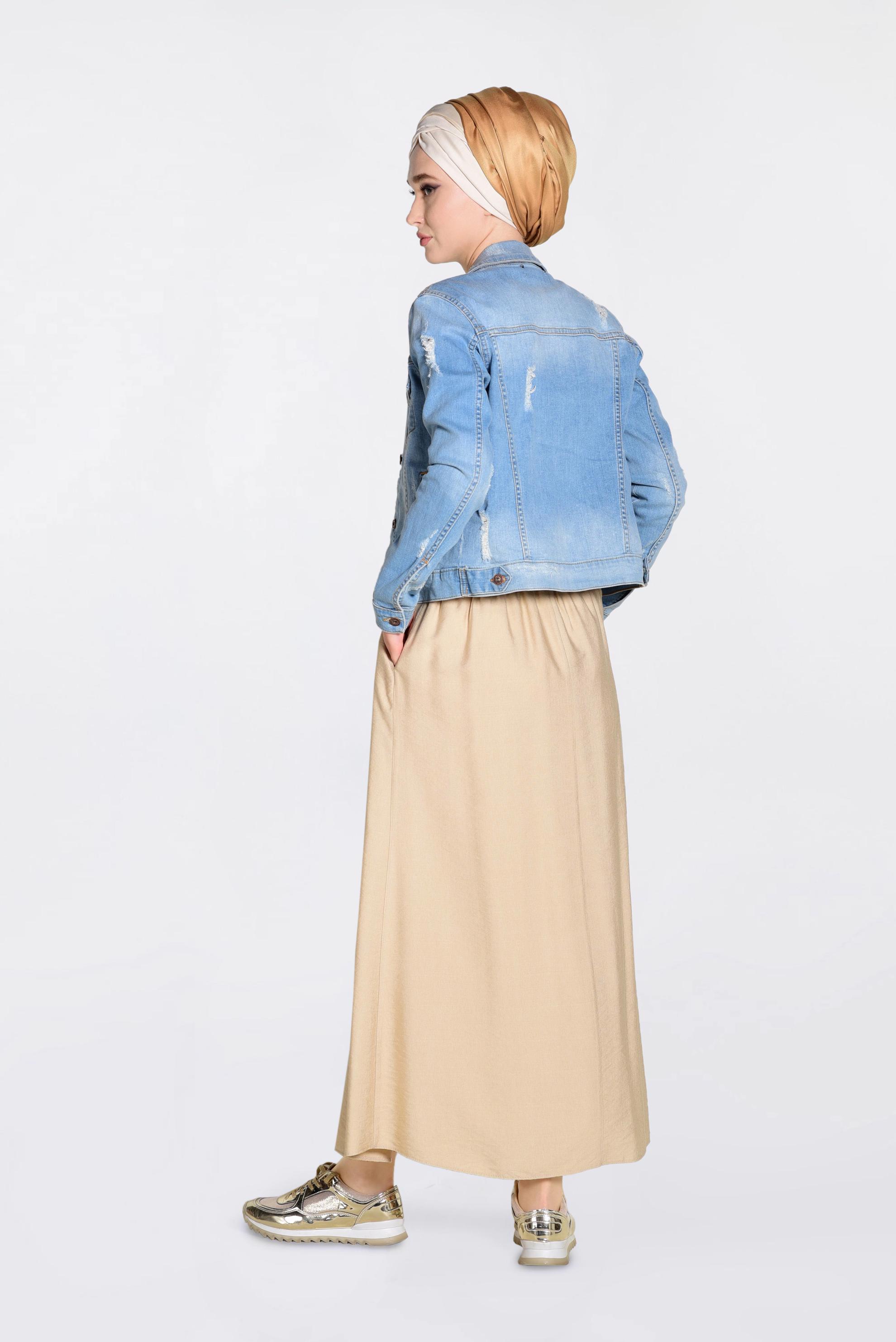 Tesettür giyim BEJ BELİ LASTİKLİ BAĞCIKLI ETEK 6213