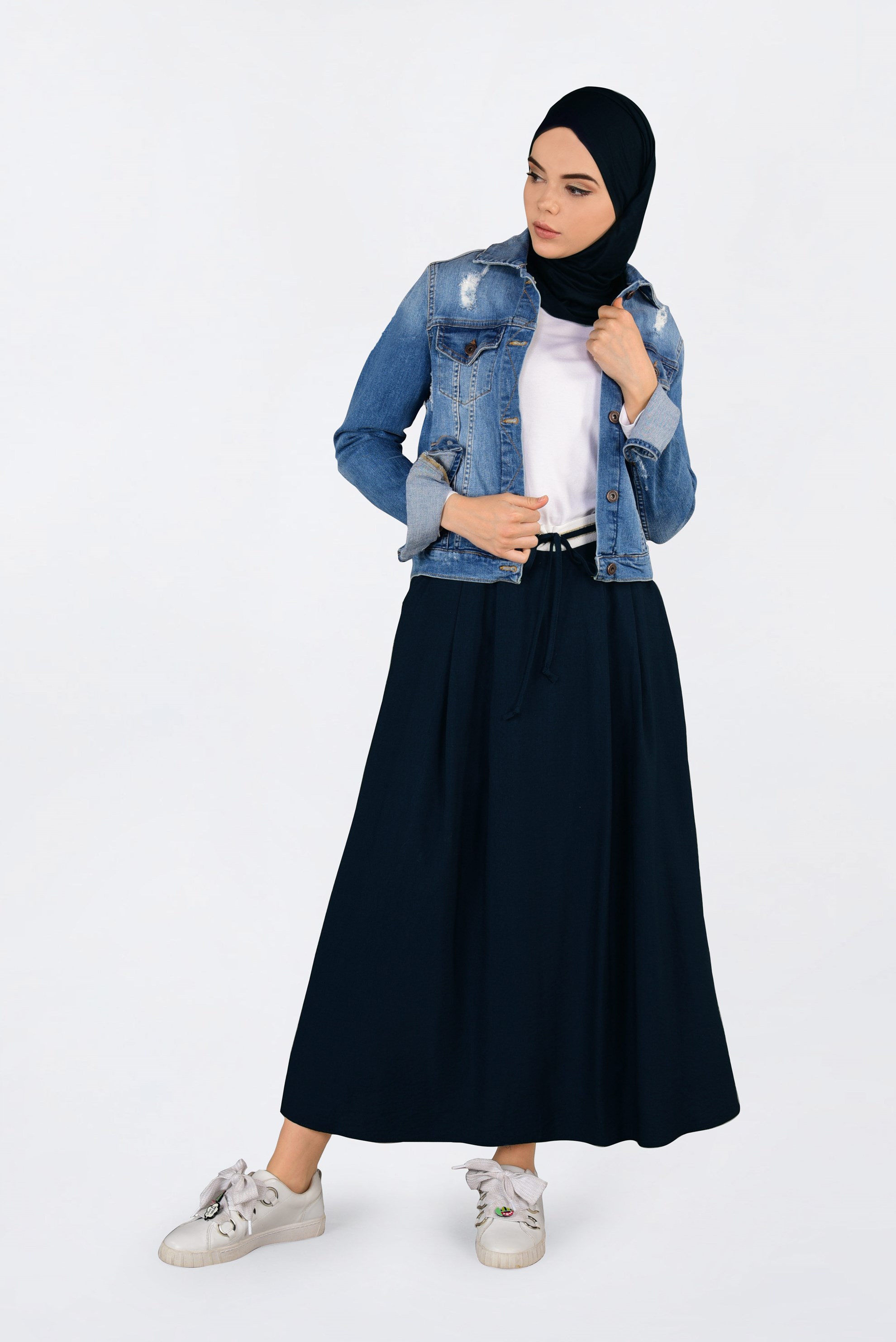 Tesettür giyim LACİVERT BELİ LASTİKLİ BAĞCIKLI ETEK 6213