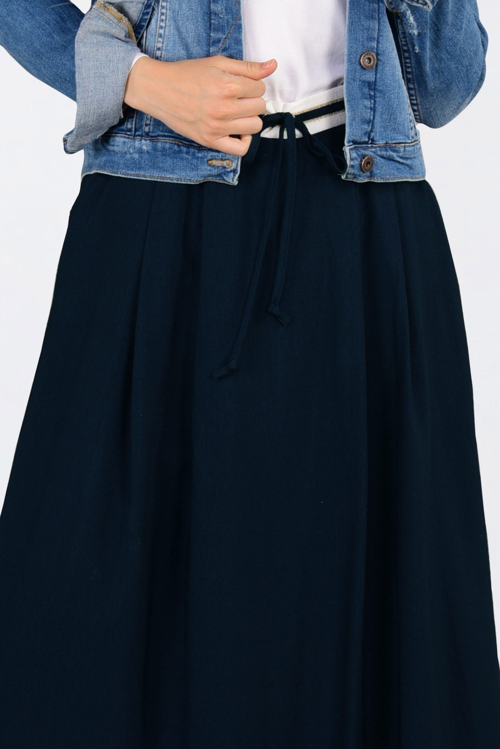 Tesettür giyim LACİVERT BELİ LASTİKLİ BAĞCIKLI ETEK 6213