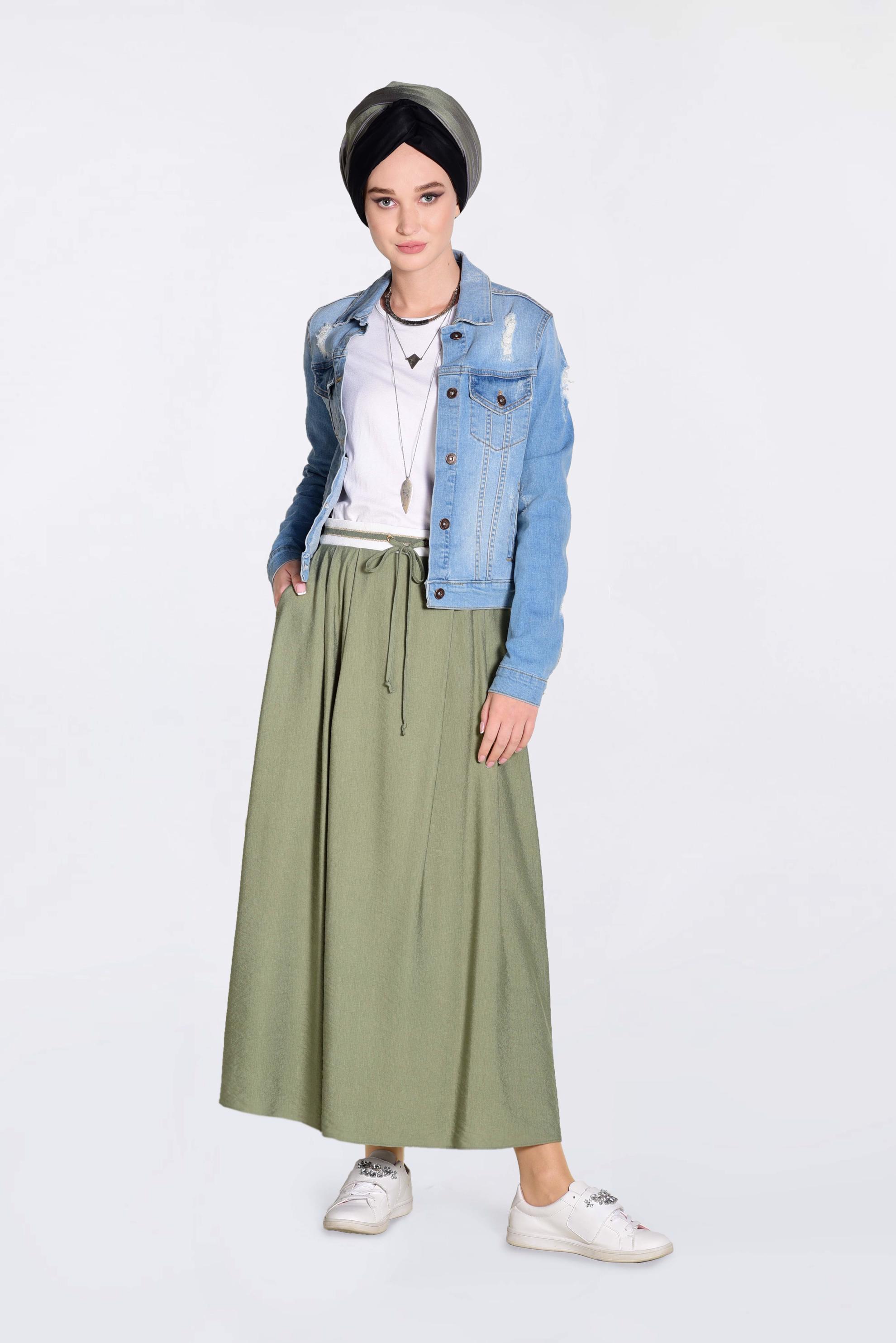 Tesettür giyim YEŞİL BELİ LASTİKLİ BAĞCIKLI ETEK 6213