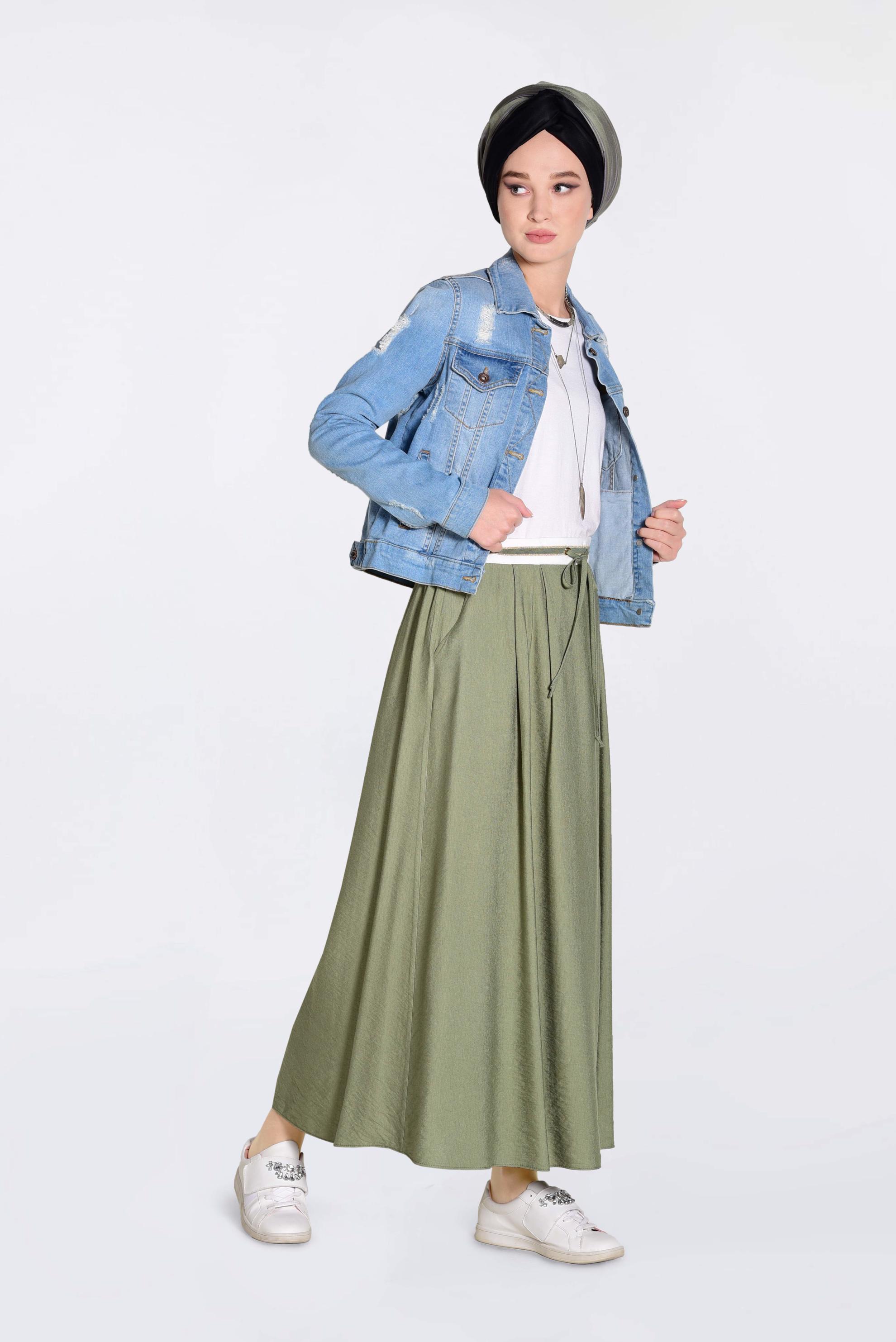 Tesettür giyim YEŞİL BELİ LASTİKLİ BAĞCIKLI ETEK 6213