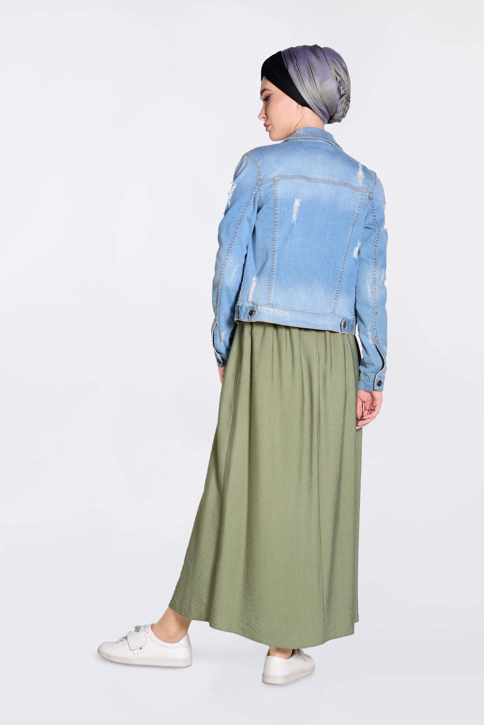 Tesettür giyim YEŞİL BELİ LASTİKLİ BAĞCIKLI ETEK 6213