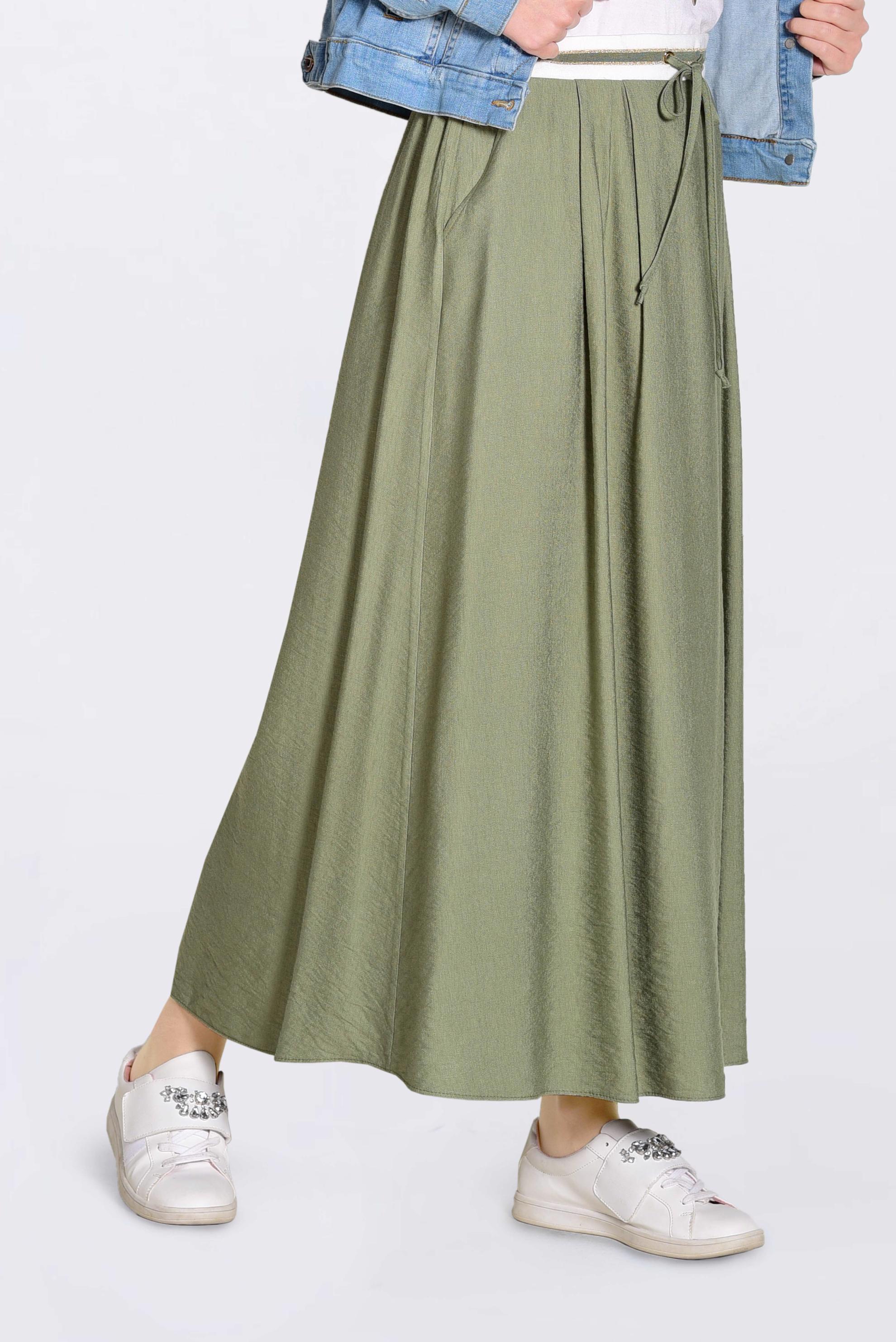 Tesettür giyim YEŞİL BELİ LASTİKLİ BAĞCIKLI ETEK 6213