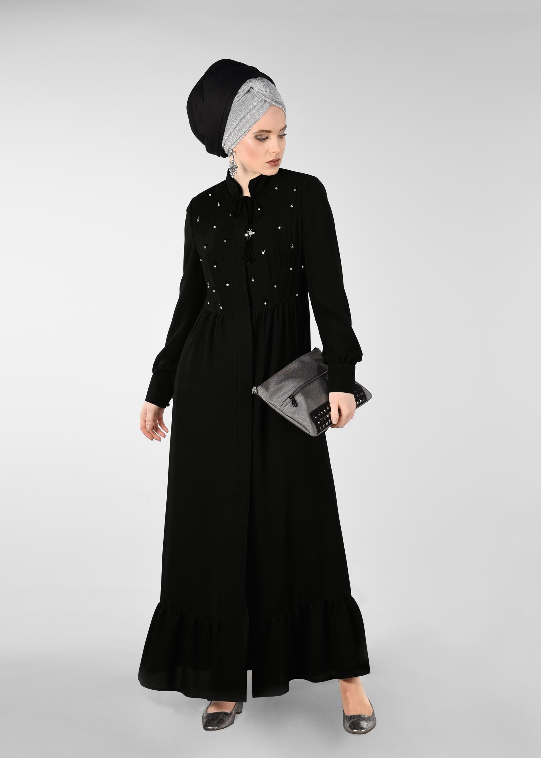 Tesettür giyim SİYAH TAŞLI FERACE 8262 