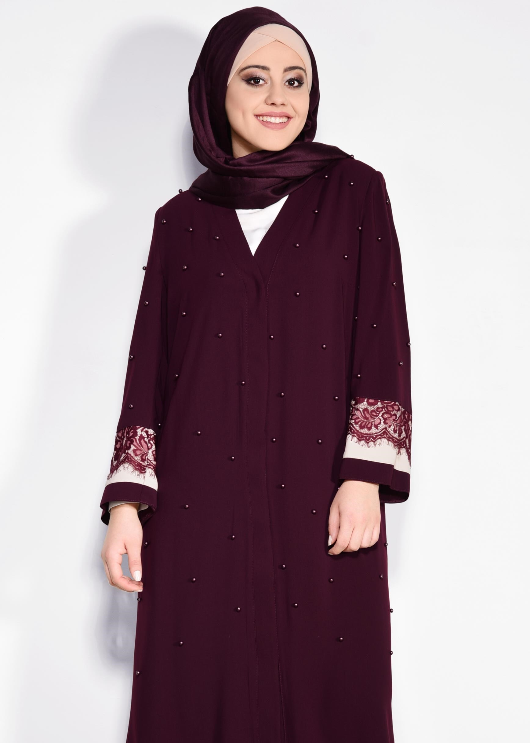 Tesettür giyim BORDO İNCİ İŞLEMELİ FERACE 8265